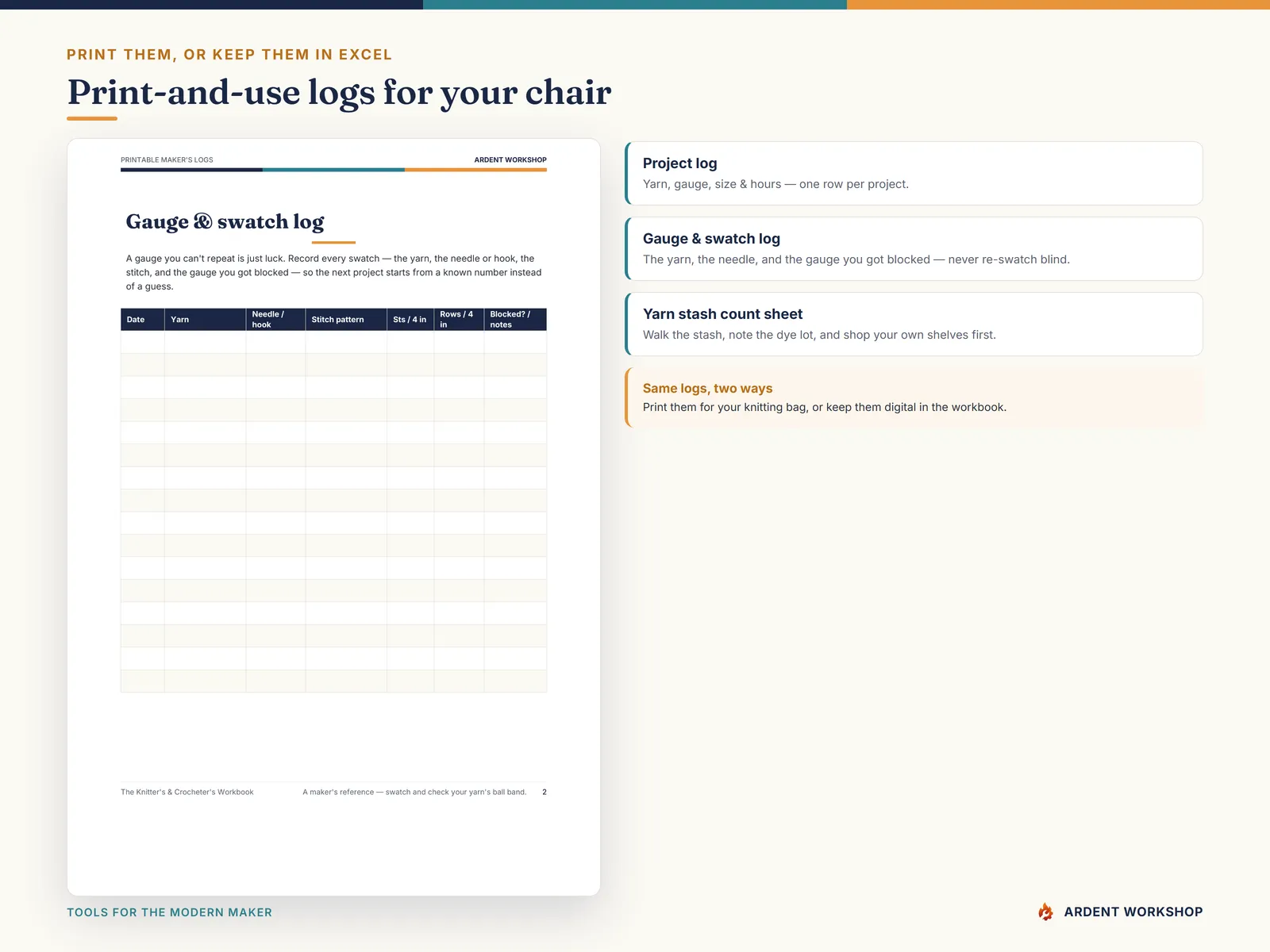 The Knitter's & Crocheter's Workbook — printable project, gauge-swatch & stash logs