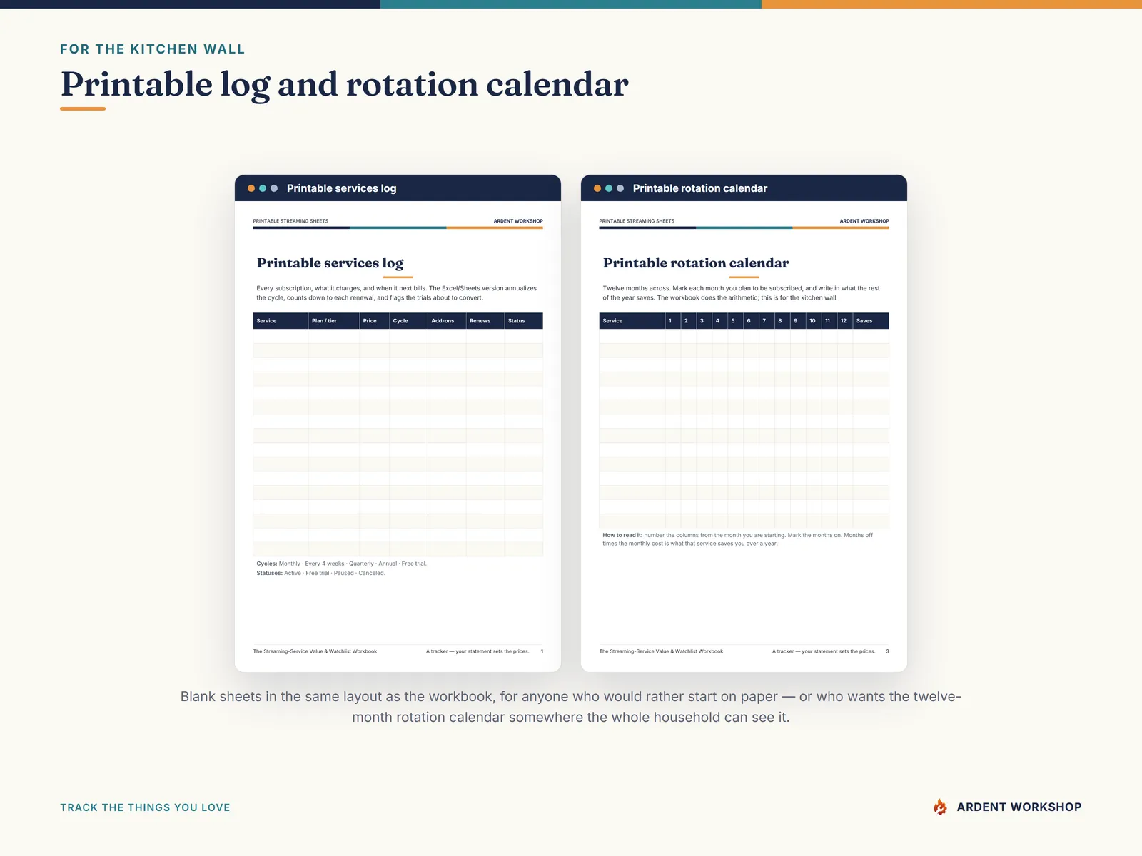 Printable services log and twelve-month rotation calendar