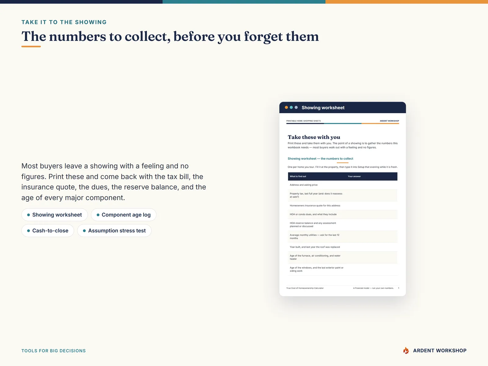 Printable home-shopping sheets — the numbers to collect at a showing before you forget them