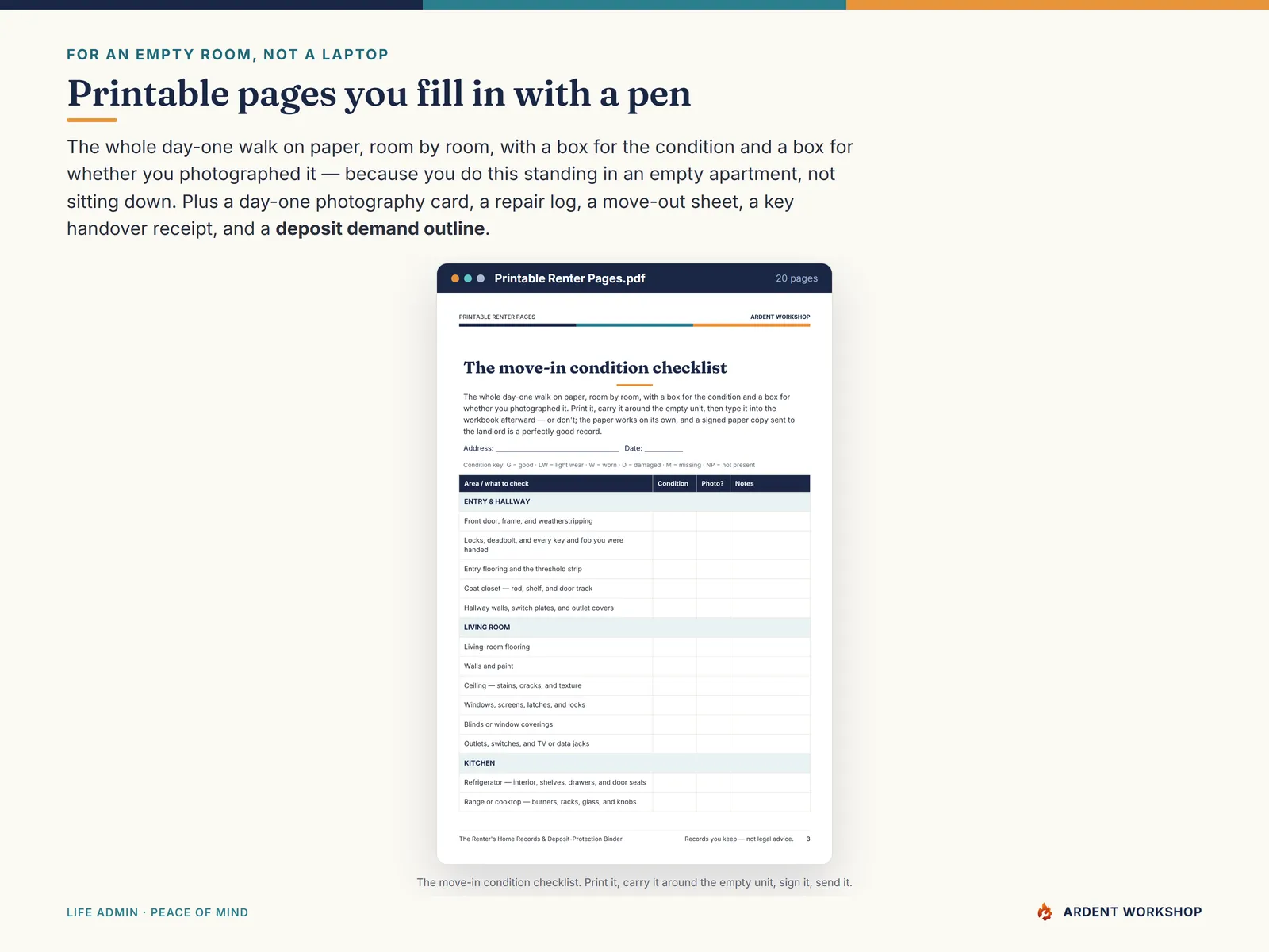 Printable Renter Pages PDF — the room-by-room move-in condition checklist to print and carry around an empty apartment