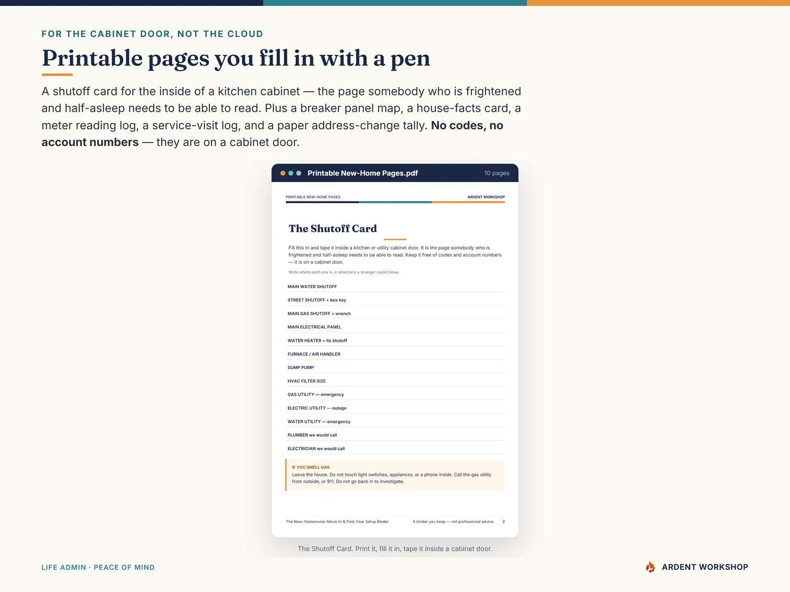 Printable New-Home Pages PDF — the Shutoff Card to fill in and tape inside a kitchen cabinet door