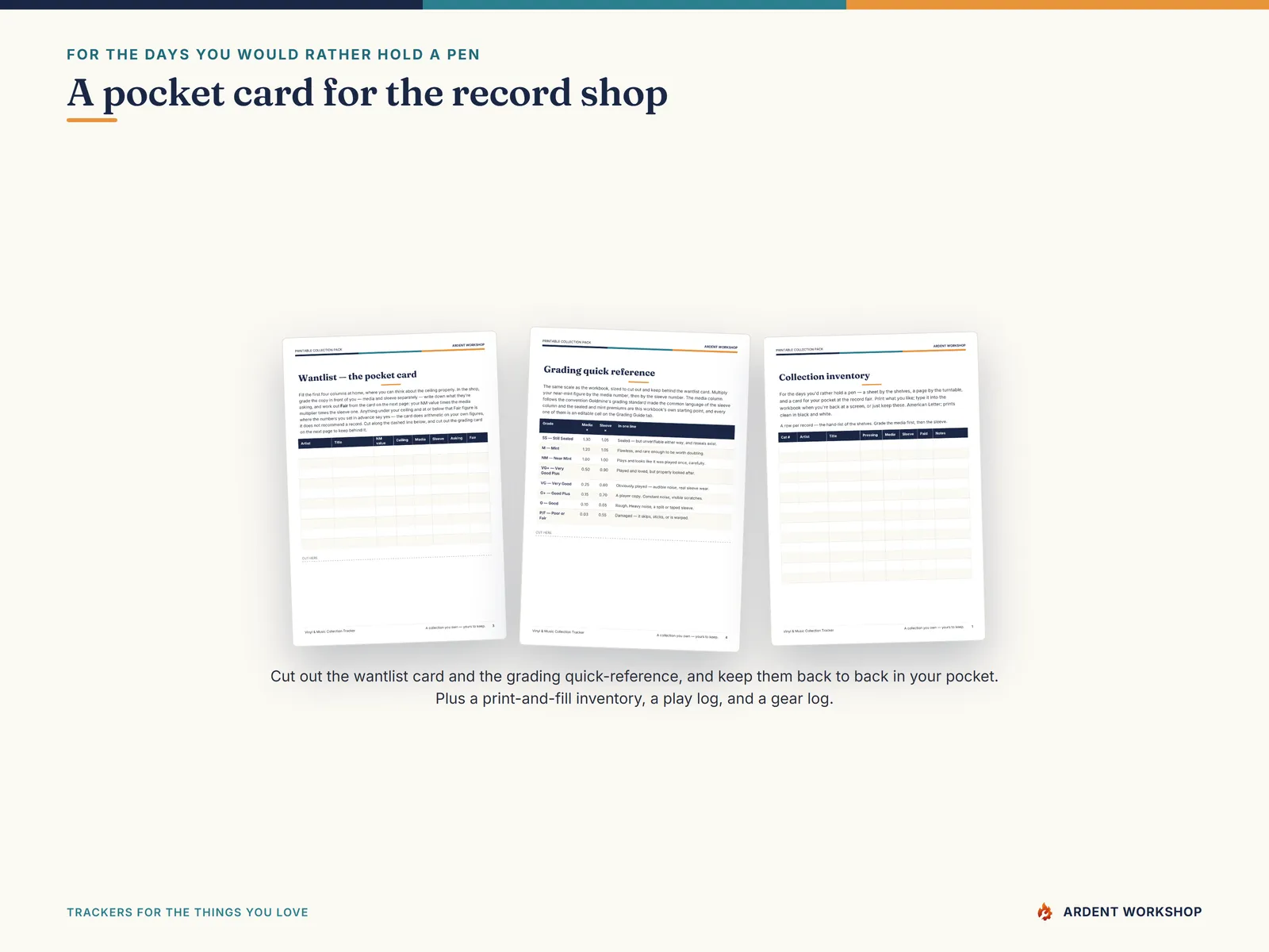 Printable pack with a pocket wantlist card, a grading quick-reference to cut out, and a print-and-fill inventory