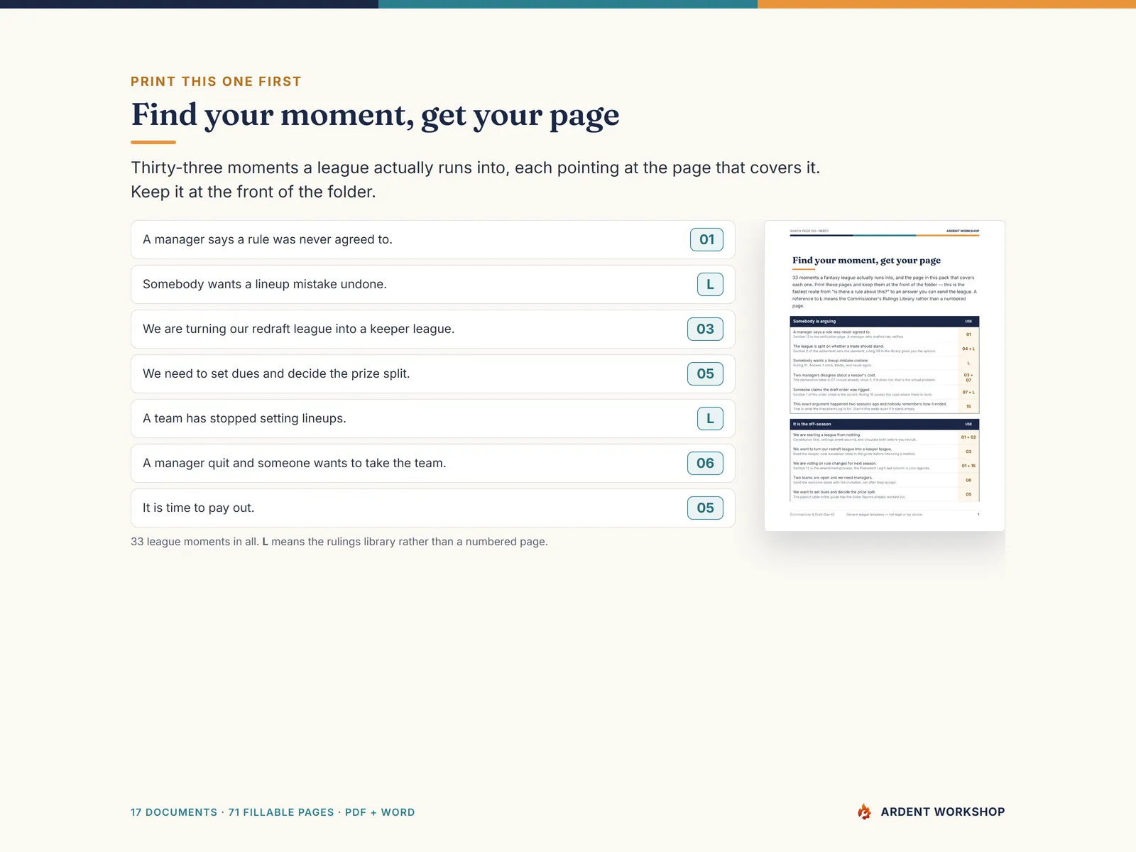 The printable router from real league moments to the page that covers each