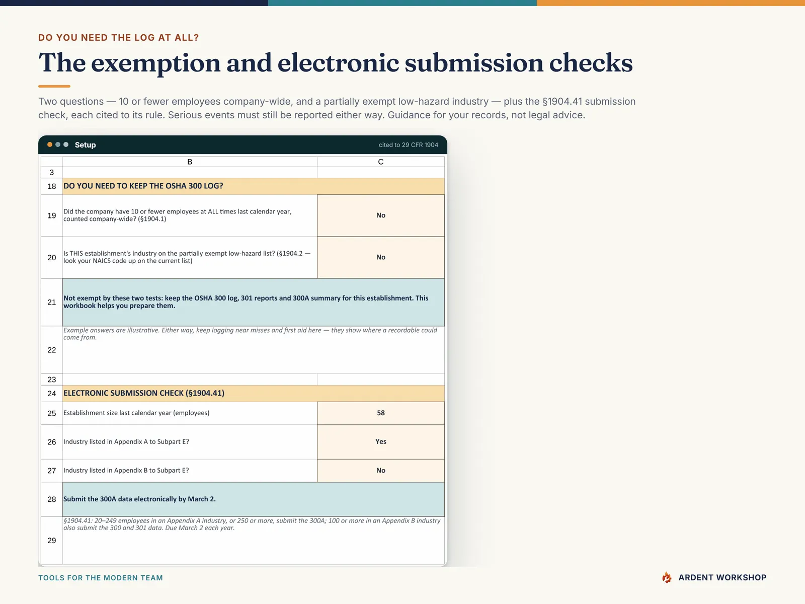 Setup tab - the OSHA 300 log exemption questions and the electronic submission check, each cited to its rule