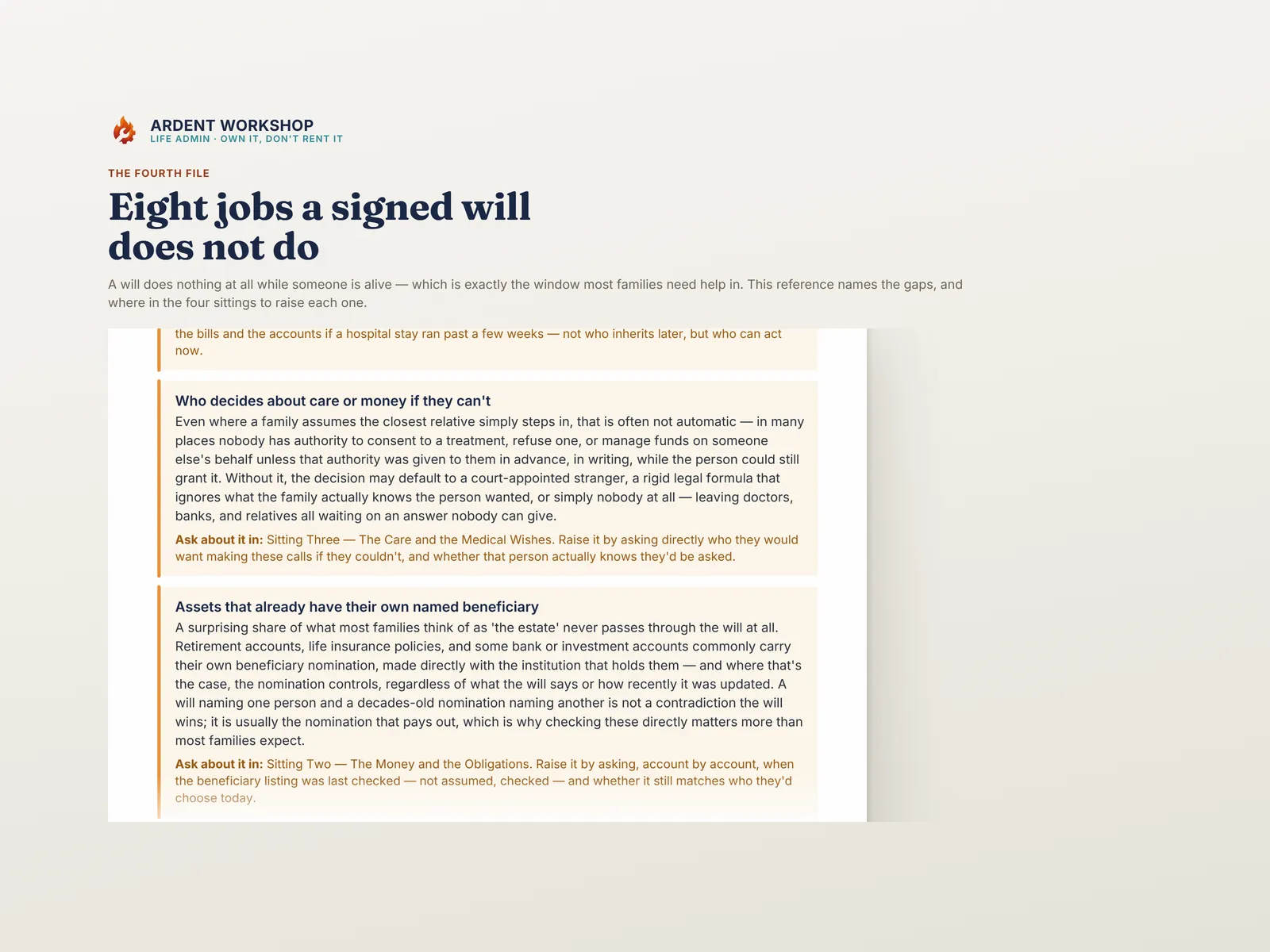 The eight jobs a signed will does not do, and where in the four sittings to raise each one