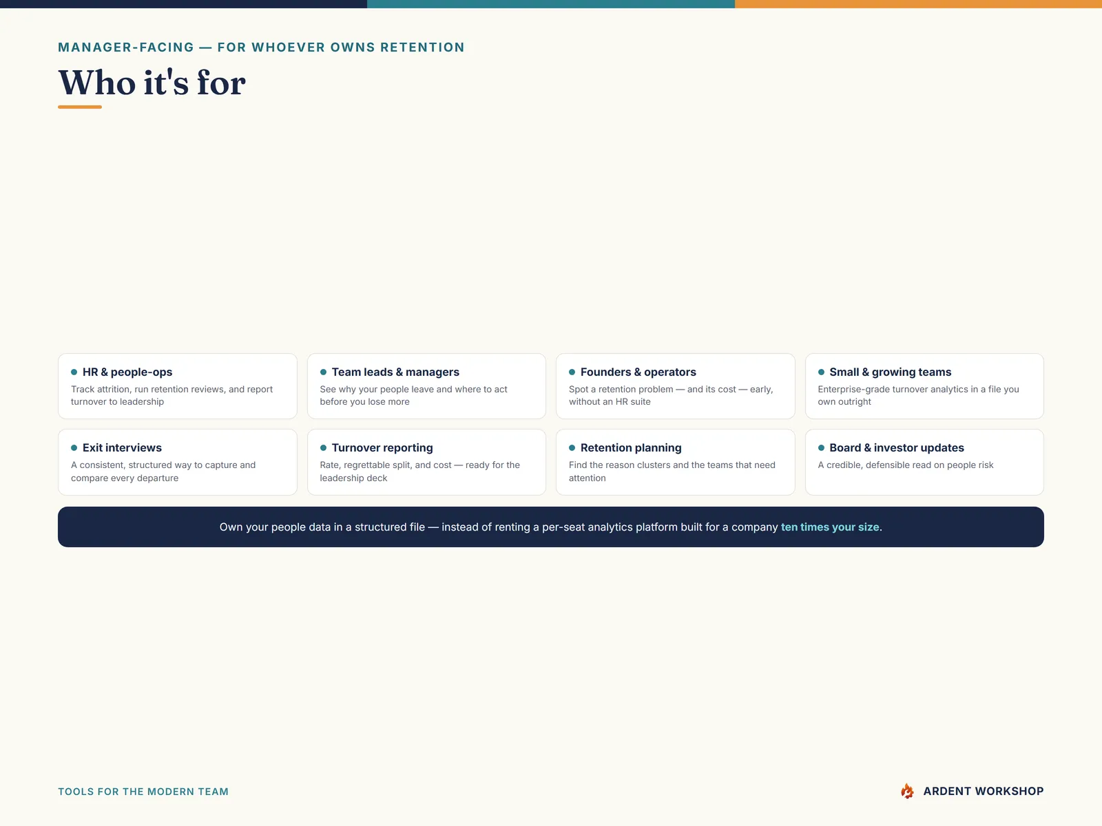 Built for HR managers, team leads, and founders who own retention
