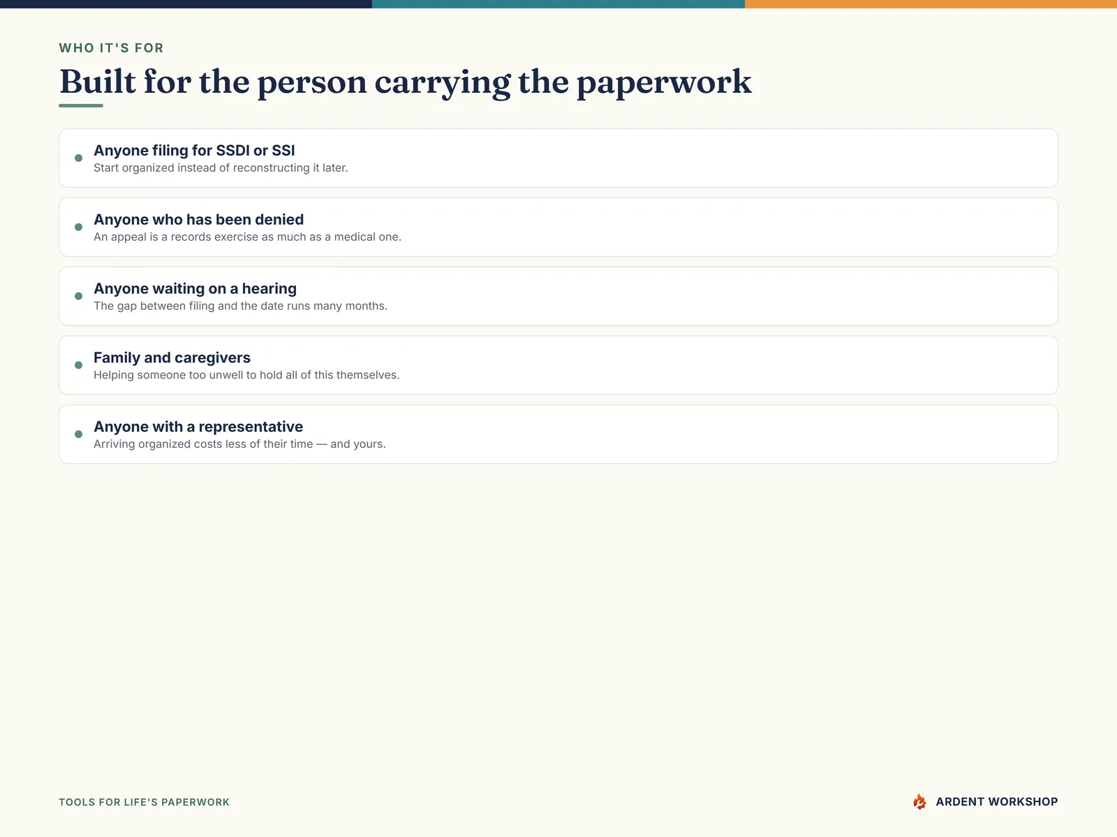 Built for anyone filing or appealing an SSDI or SSI claim, and the family and caregivers helping them