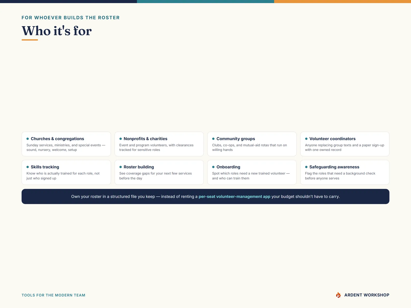 Volunteer Skills & Scheduling Matrix — built for churches, nonprofits, and community groups that run on volunteers