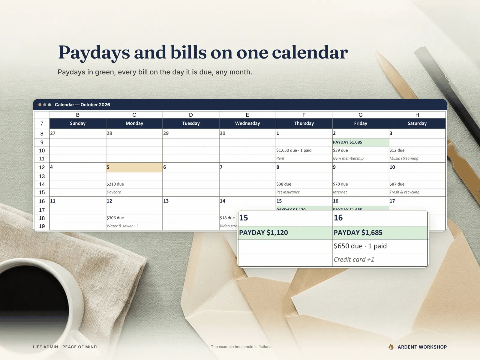 Calendar tab - the first three weeks of October with paydays and bills on the days they land, and a close-up of two payday cells