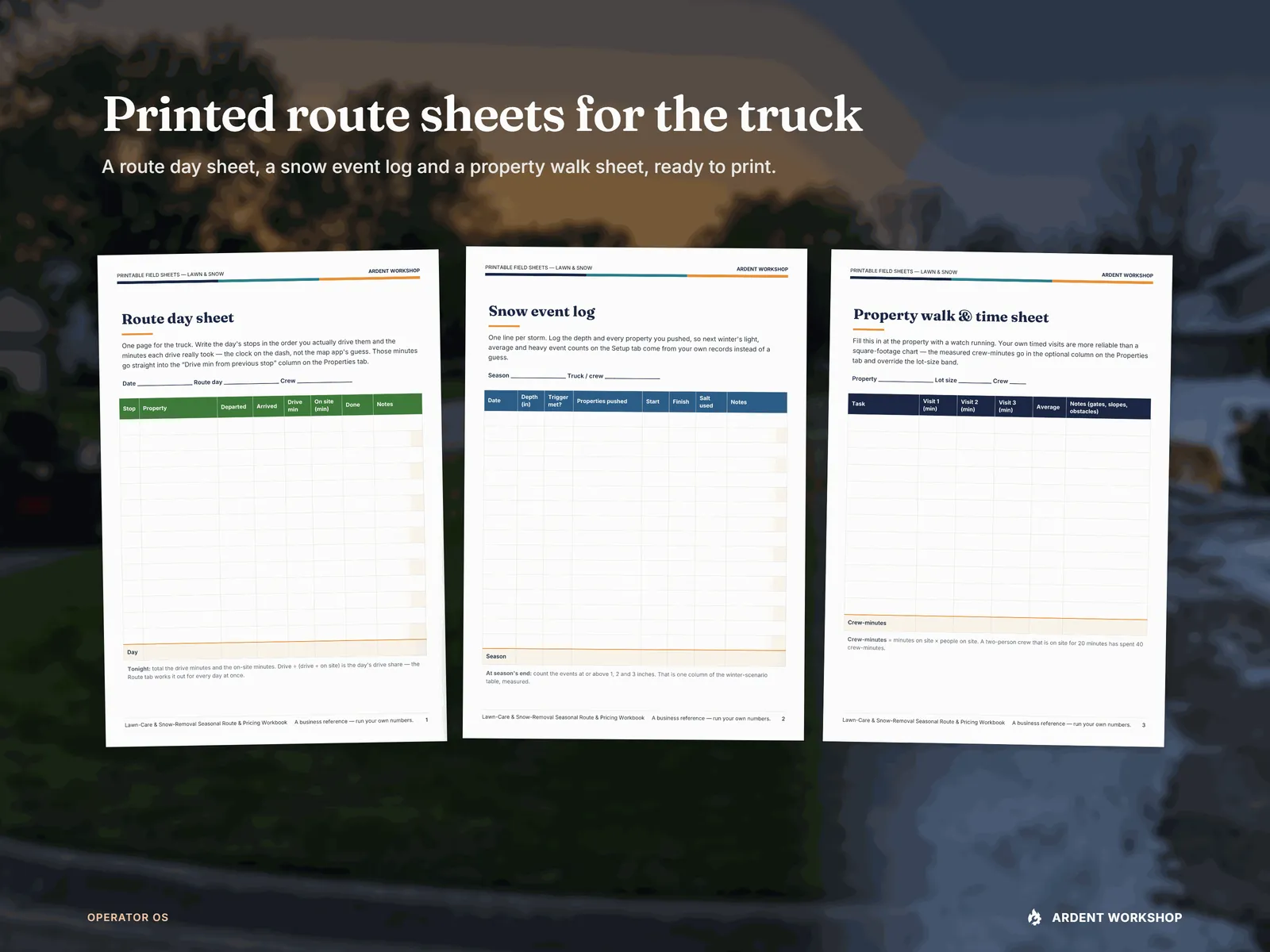 Printed route sheets for the truck — the three printable field sheets: a route day sheet, a snow event log and a property walk and time sheet