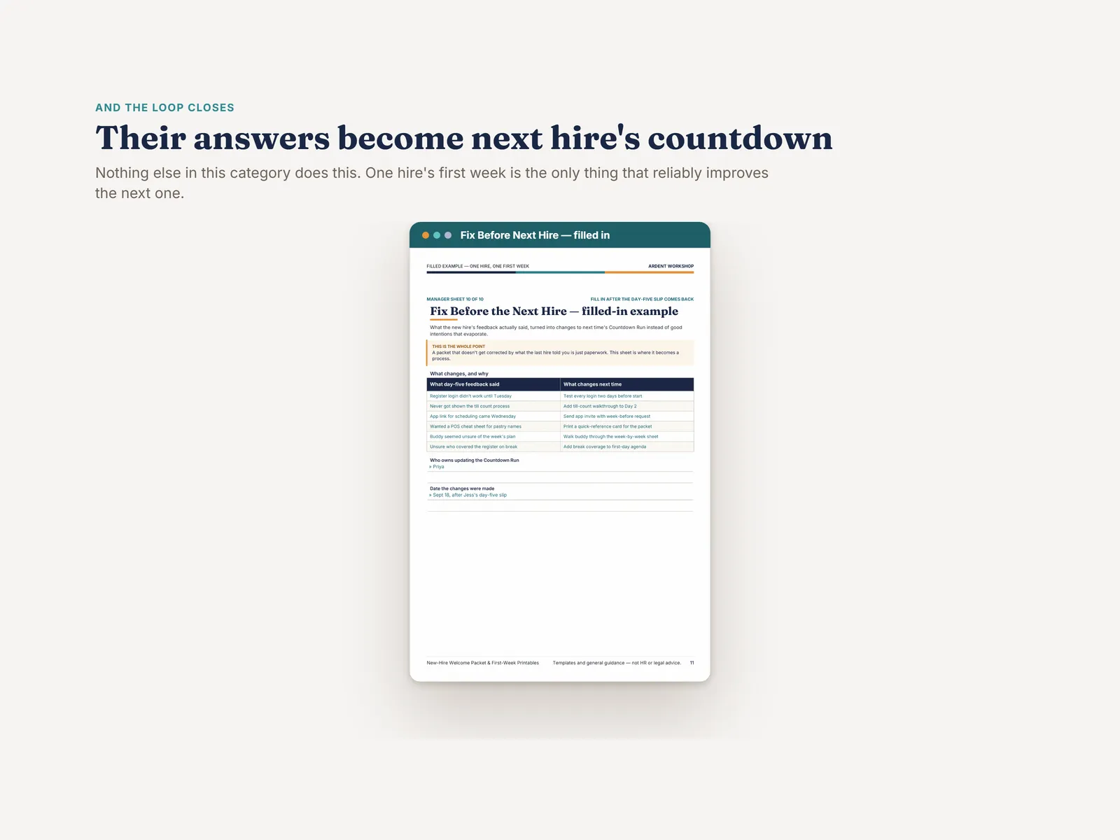 The Fix Before Next Hire sheet — what the day-five feedback said beside what changes on the next countdown