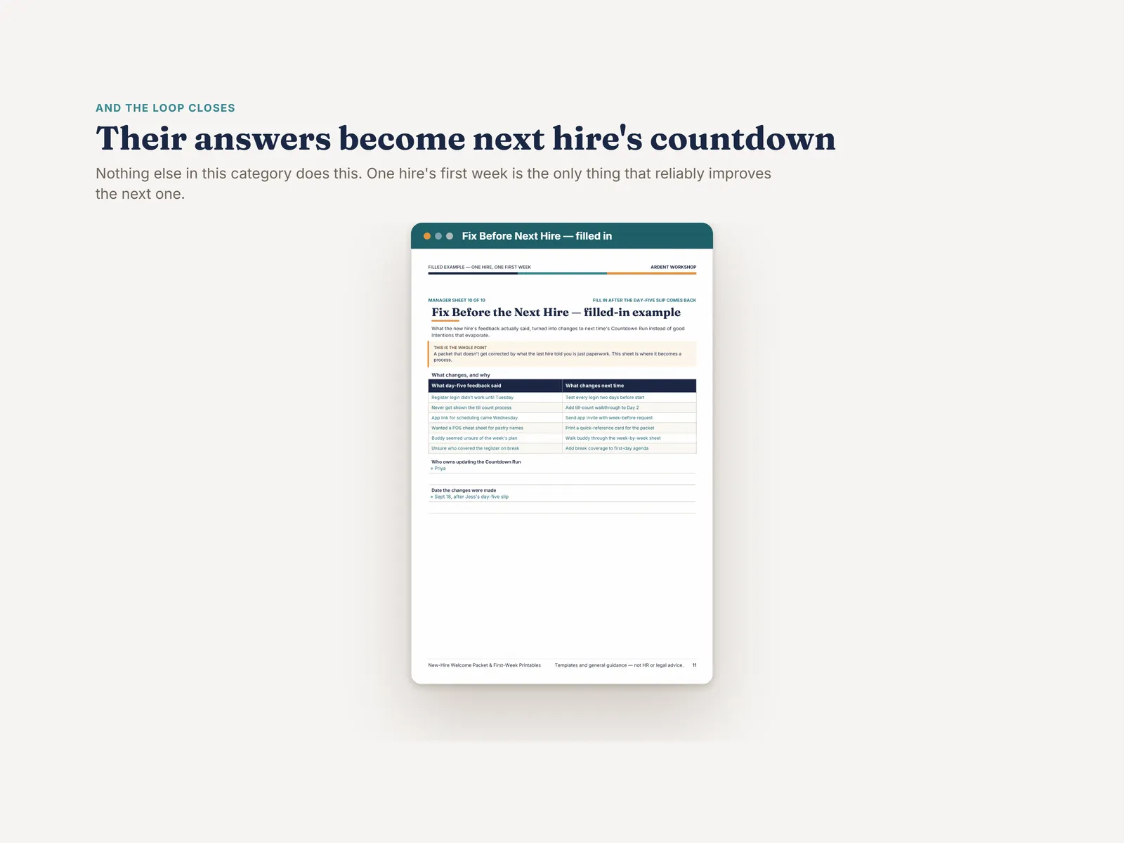 The Fix Before Next Hire sheet — what the day-five feedback said beside what changes on the next countdown