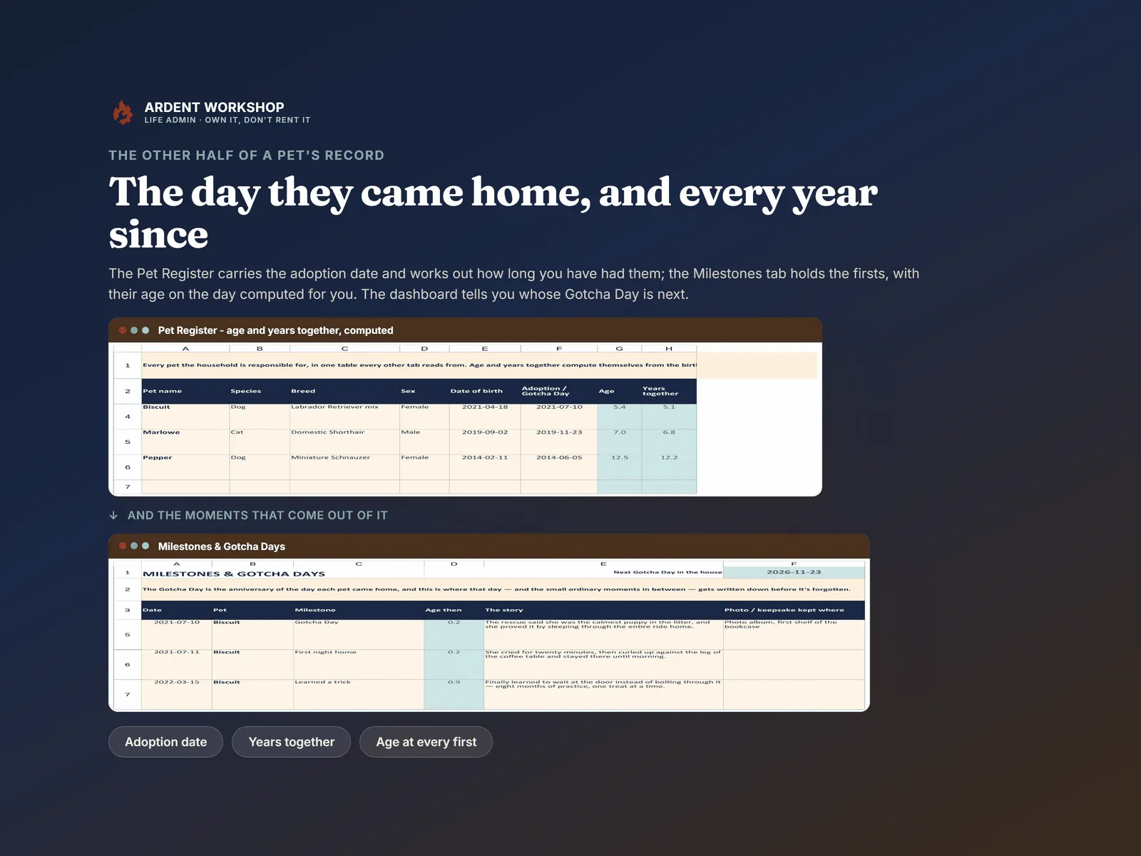 Pet Register computing age and years together from the adoption date, beside the Milestones & Gotcha Days tab