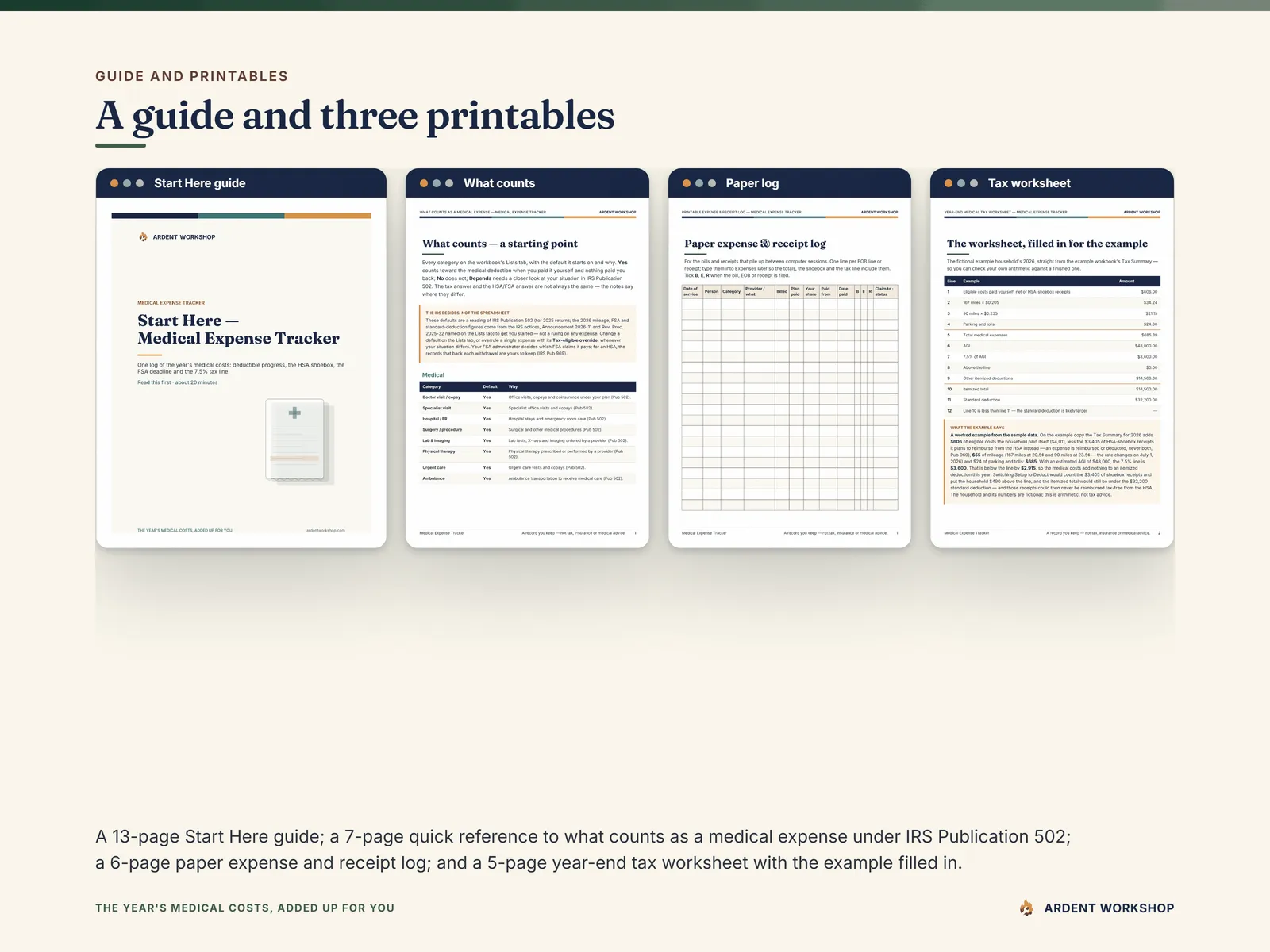 The Start Here guide, the What Counts reference, the printable expense and receipt log and the year-end tax worksheet