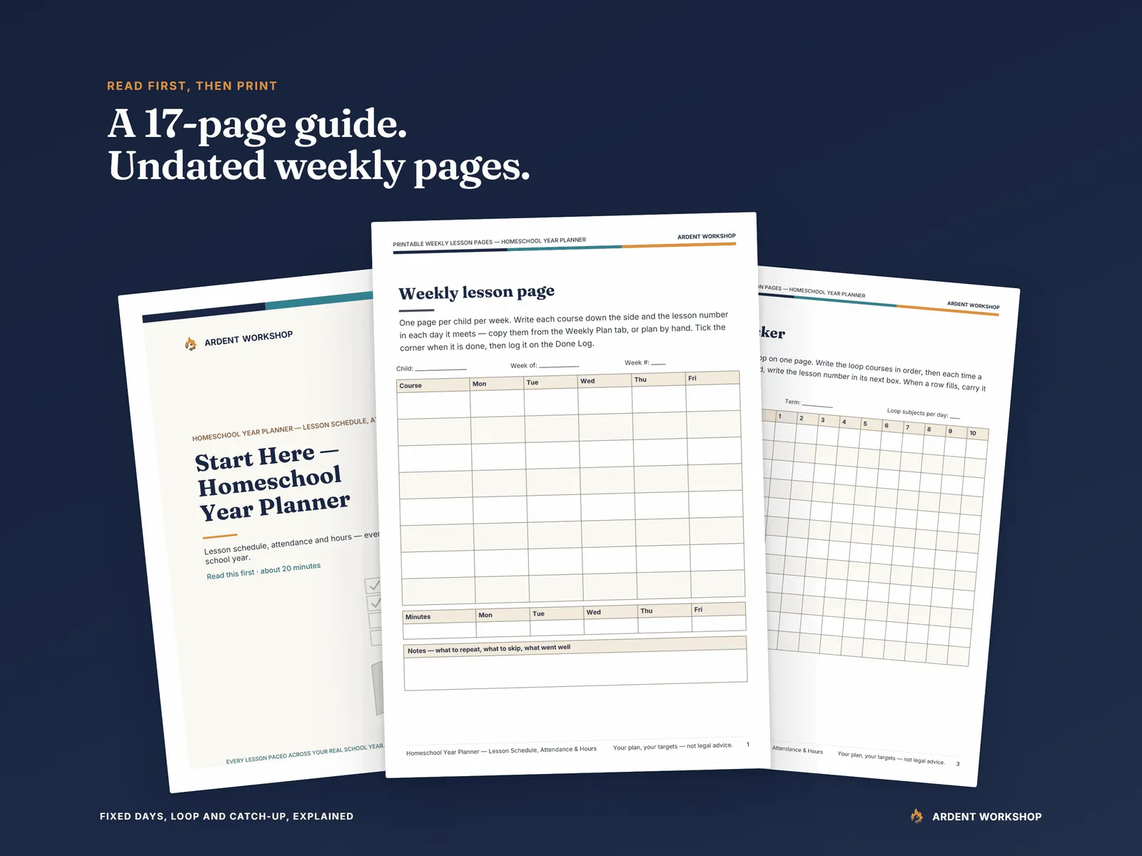 Homeschool Year Planner — the 17-page Start Here guide, a printable weekly lesson page and the loop tracker