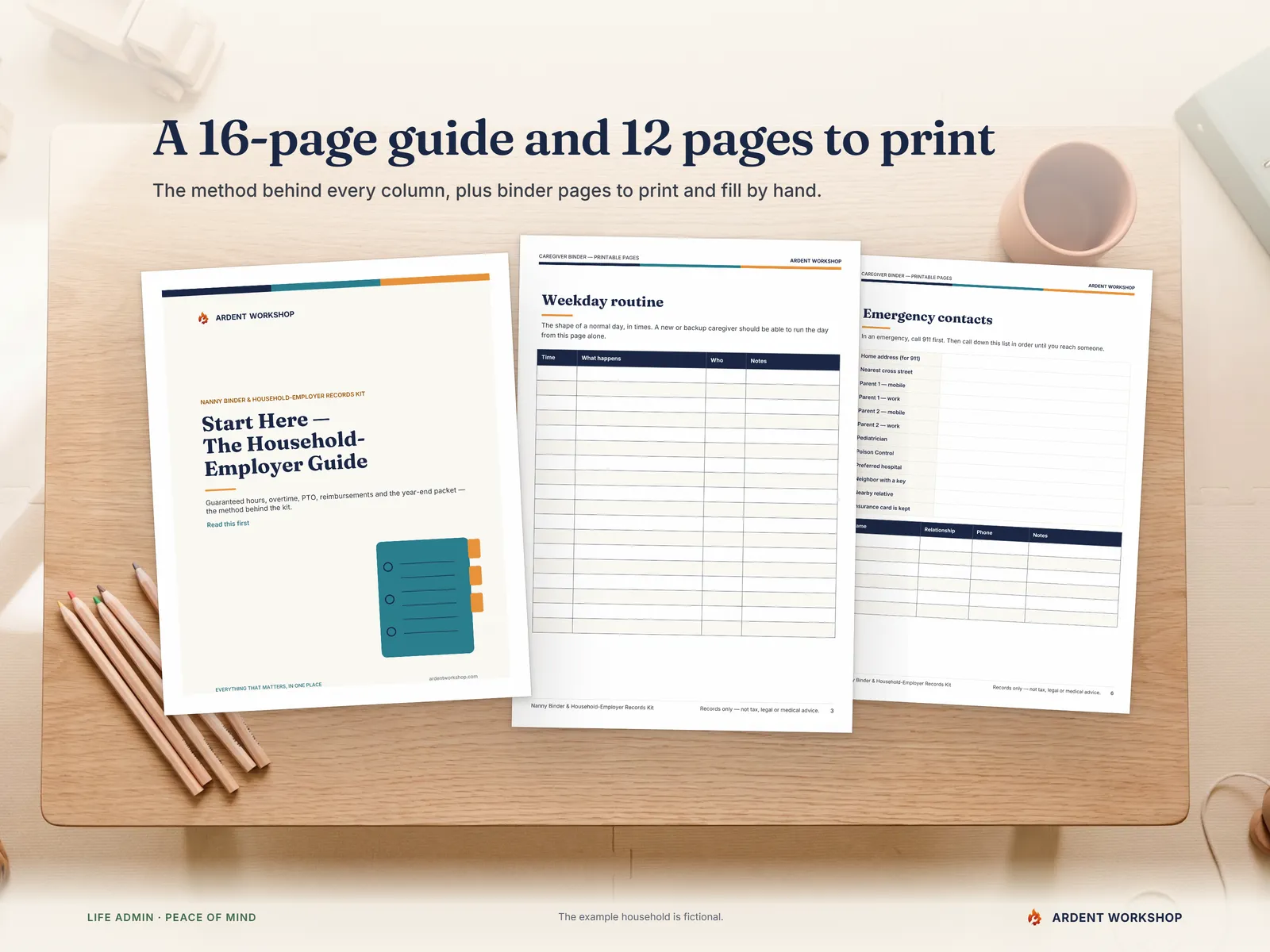 The Start Here guide cover, the printable Weekday routine page and the Emergency contacts page on a play table