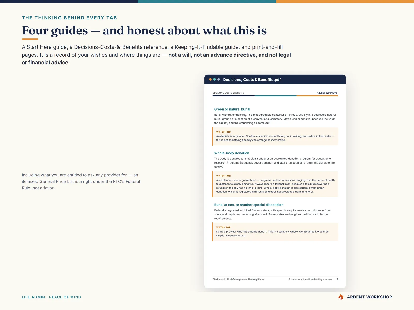 Four PDF guides — and honest about what this is: a record of wishes, not a will and not legal advice
