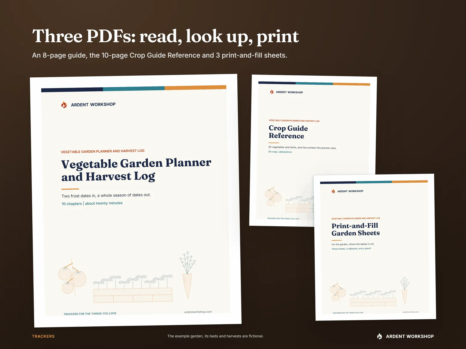 The covers of the Start Here guide, the Crop Guide Reference and the Print-and-Fill Garden Sheets