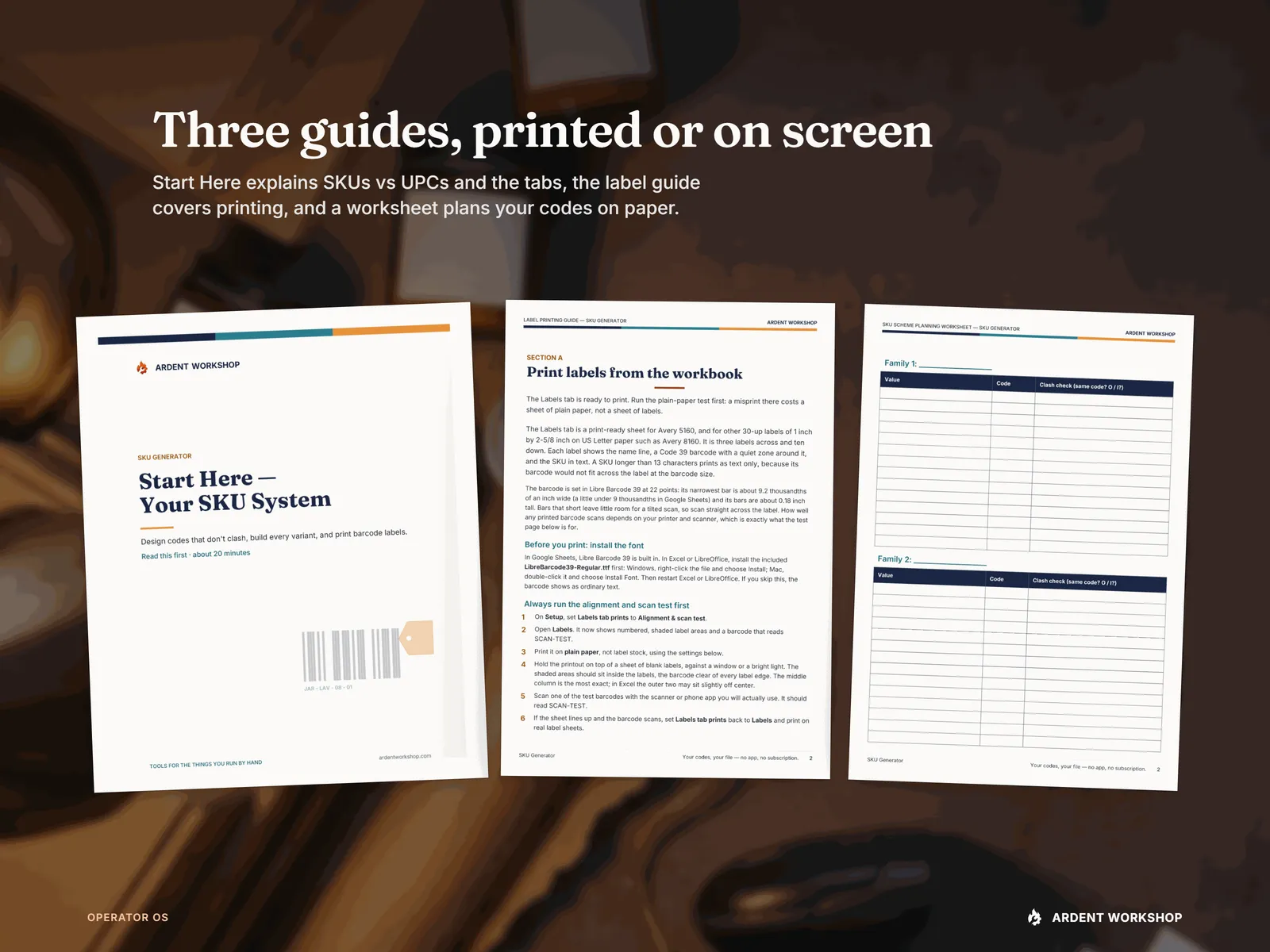 The Start Here guide, the Label Printing Guide and the SKU Scheme Planning Worksheet as printed pages