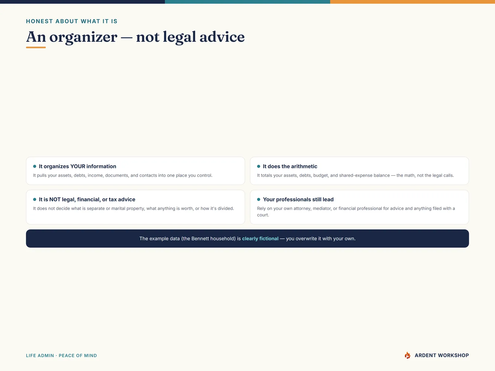 Divorce / Separation Records Organizer — honest about what it is, a records organizer not legal, financial, or tax advice
