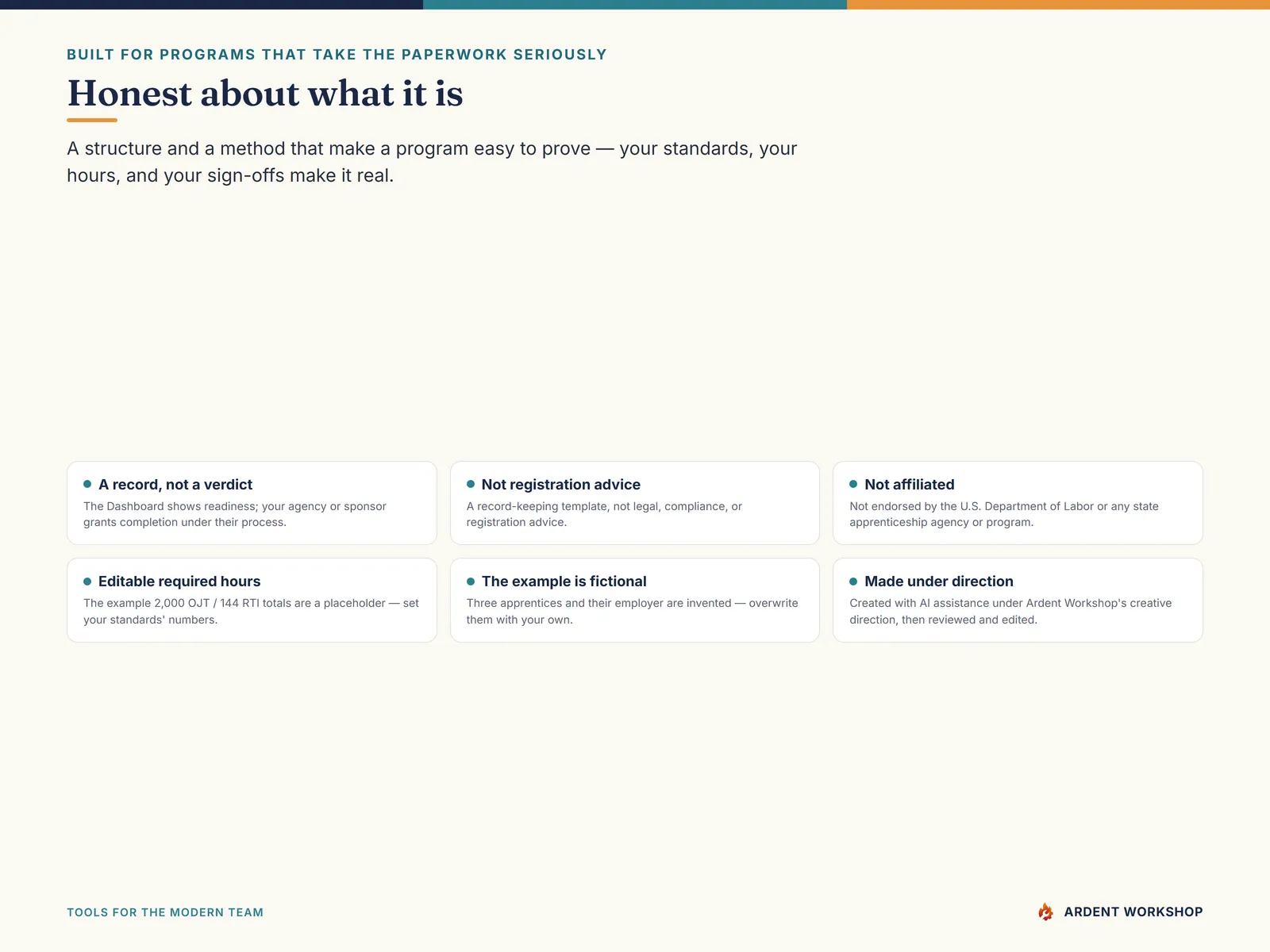 Honest about what it is — a record-keeping template, not legal, compliance, or registration advice