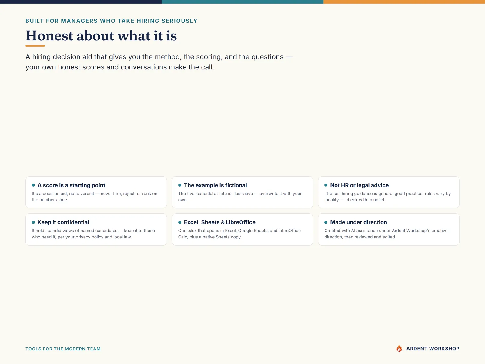 Honest about what it is — a hiring decision aid and record-keeping template, not a verdict