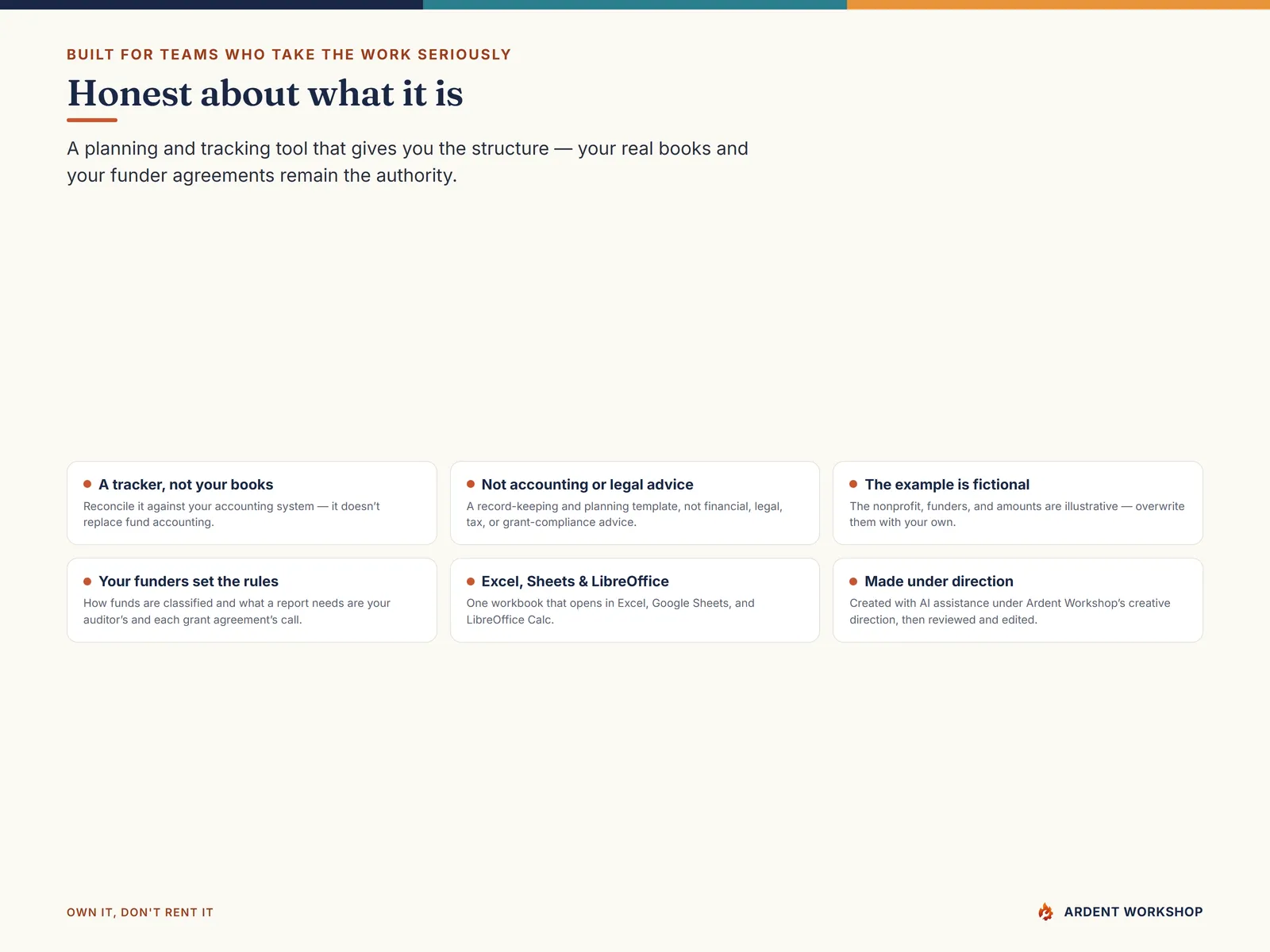 Honest about what it is — a planning and tracking tool, not accounting software or advice
