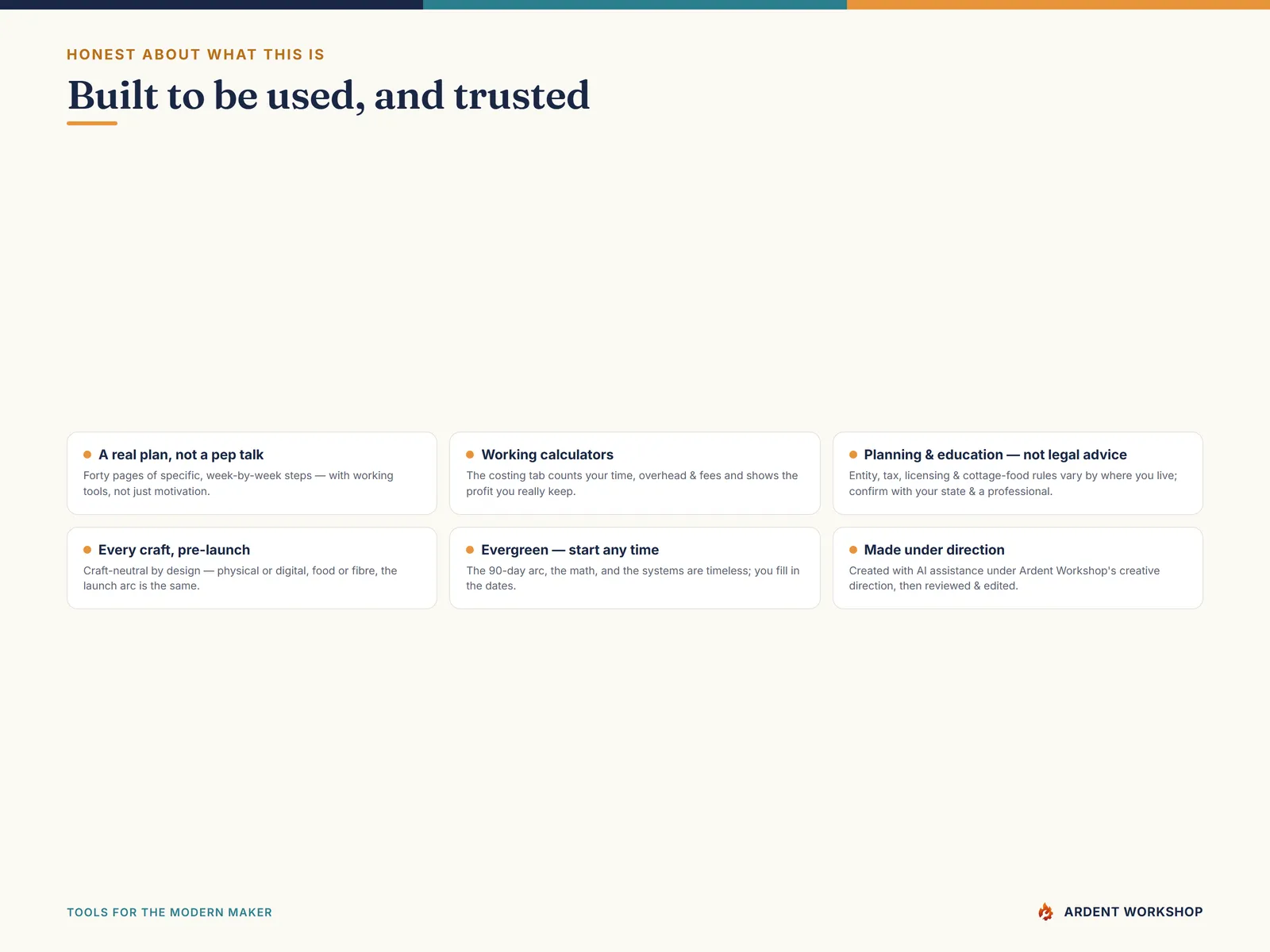 A grid of six reassurance cards titled 'Built to be used, and trusted' — a real plan not a pep talk, working calculators, planning not legal advice, every craft, evergreen, and made under creative direction