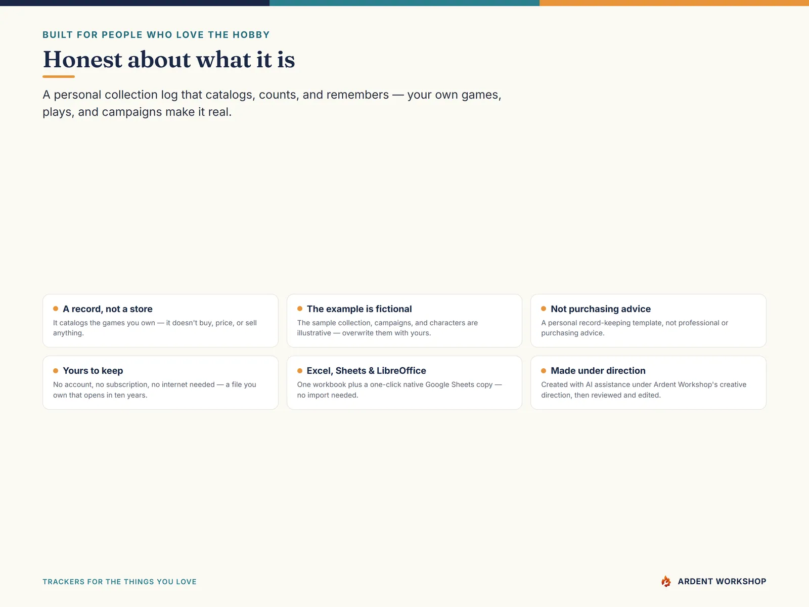 Honest about what it is — a personal collection log you own, with a fictional worked example