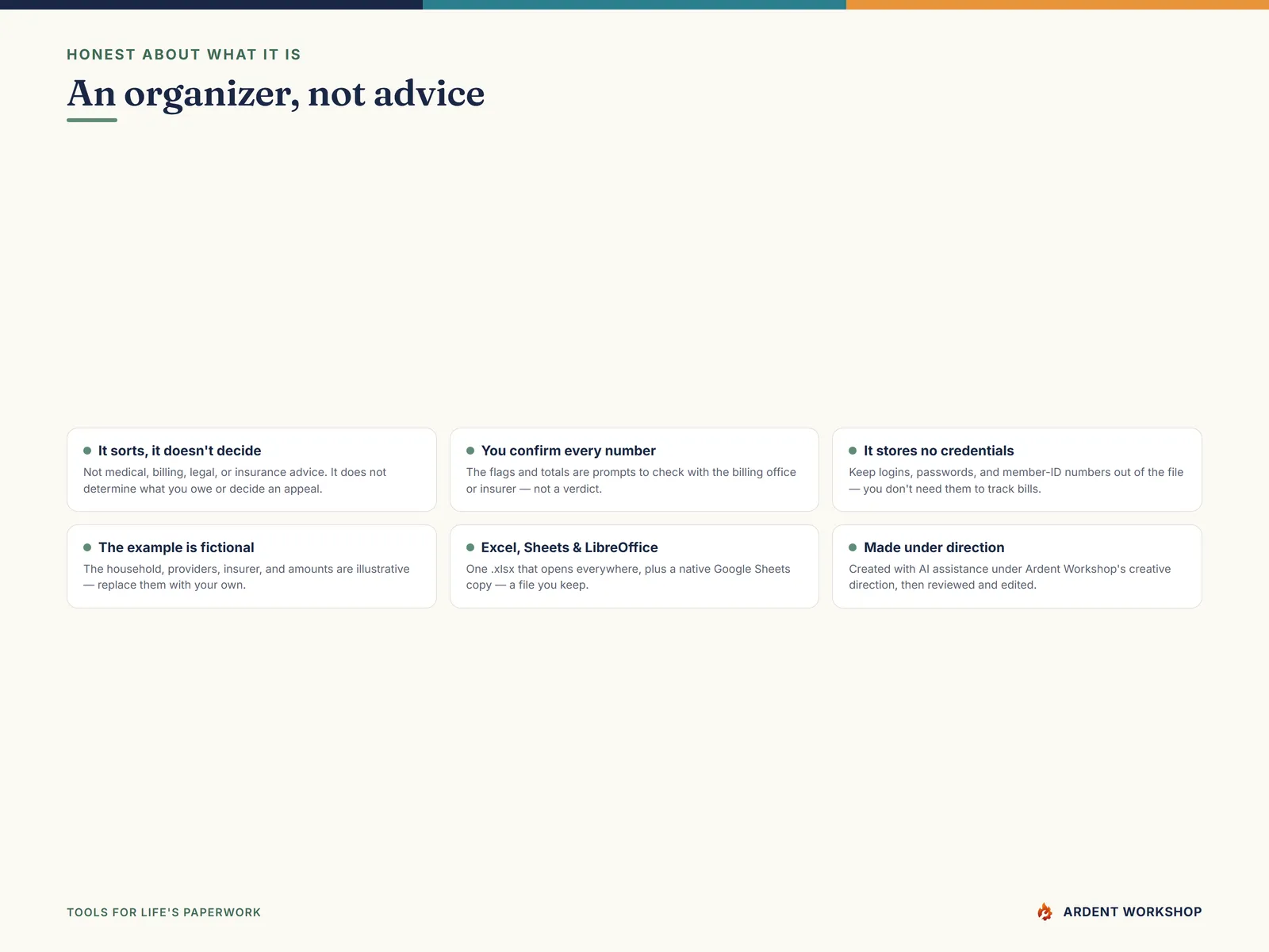 Honest about what it is — an organizer, not medical, billing, legal, or insurance advice