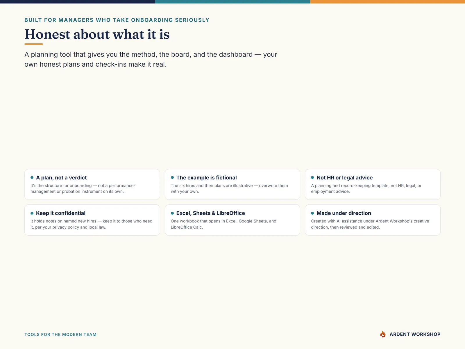 Honest about what it is — a planning template, not HR, legal, or employment advice