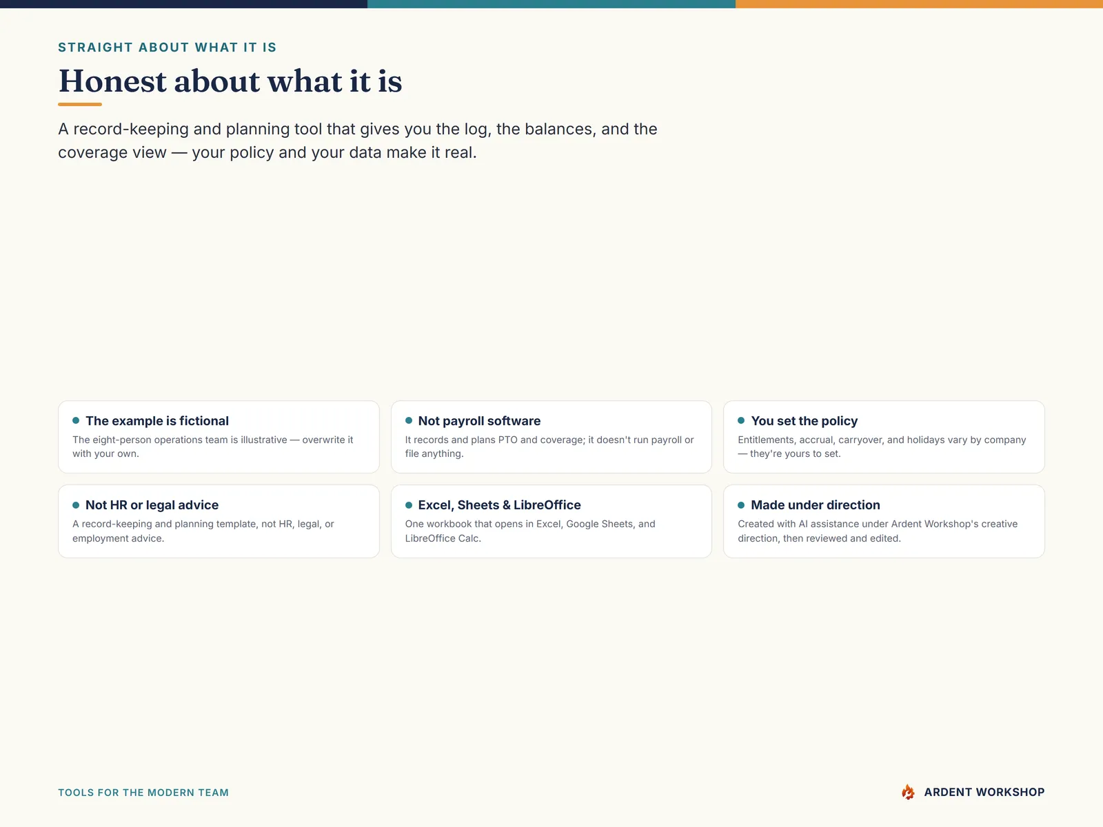 PTO / Absence & Coverage Tracker — honest about what it is, a record-keeping and planning template, not payroll or HR advice