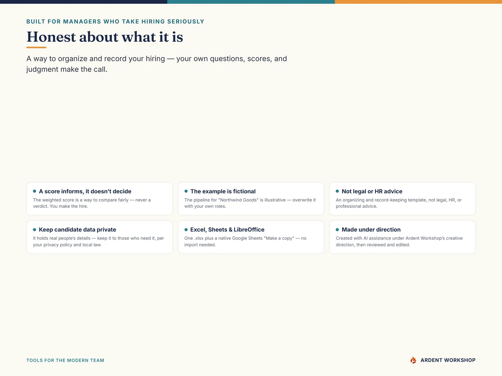 Honest about what the applicant tracker is — an organizing tool, not legal or HR advice