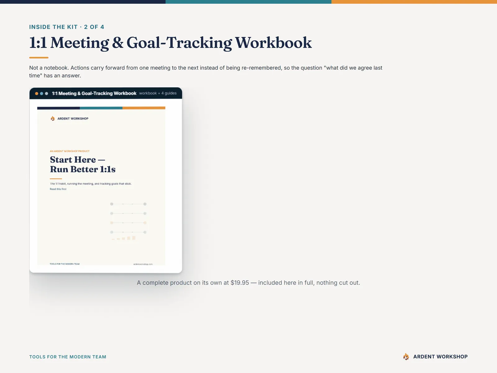 Inside the 1:1 Meeting & Goal-Tracking Workbook, a complete product included in full at $19.95