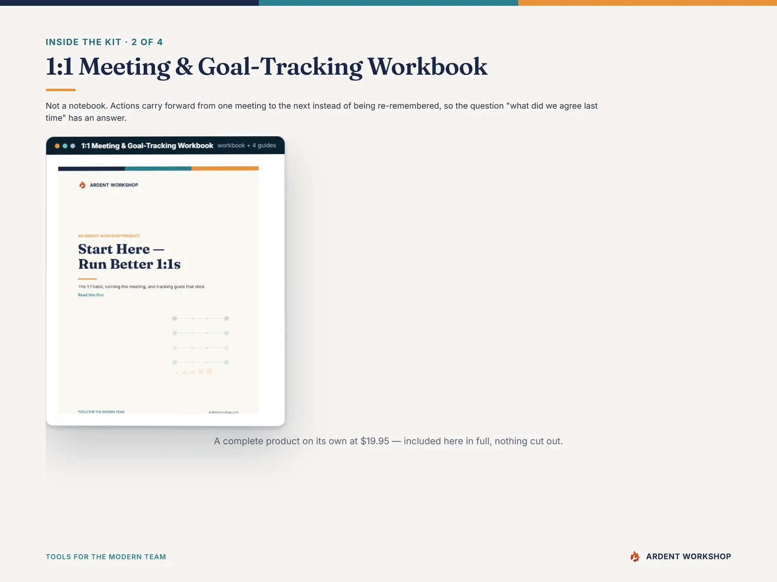 Inside the 1:1 Meeting & Goal-Tracking Workbook, a complete product included in full at $19.95