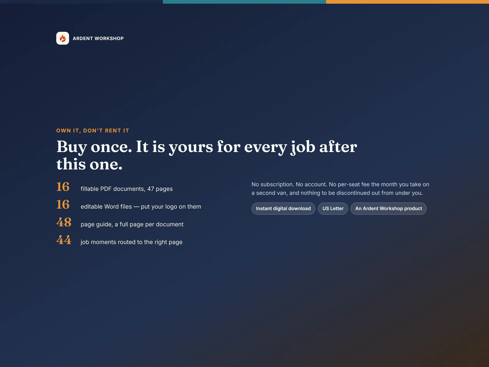 Instant download — buy once, own the files, no subscription and no per-seat fee