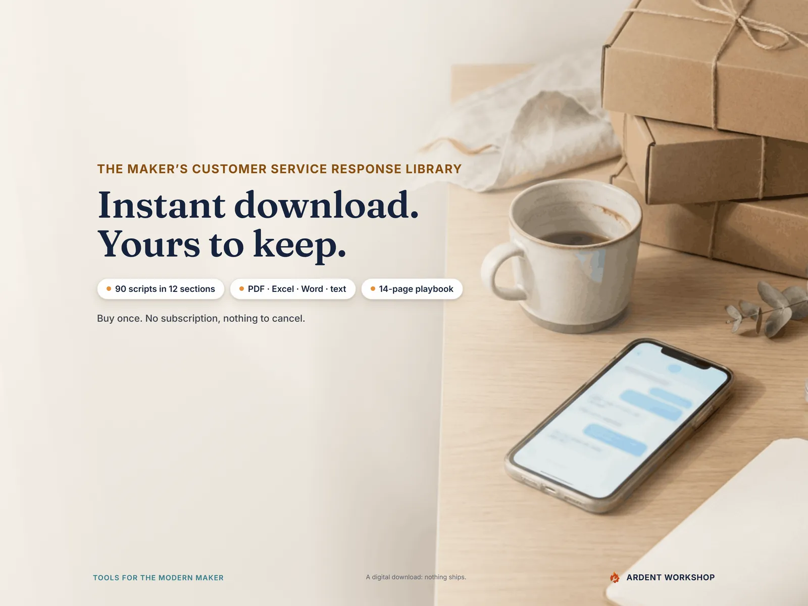Maker's Customer Service Response Library — instant download, yours to keep: 90 scripts in 12 sections, four formats, a 14-page playbook; buy once, no subscription