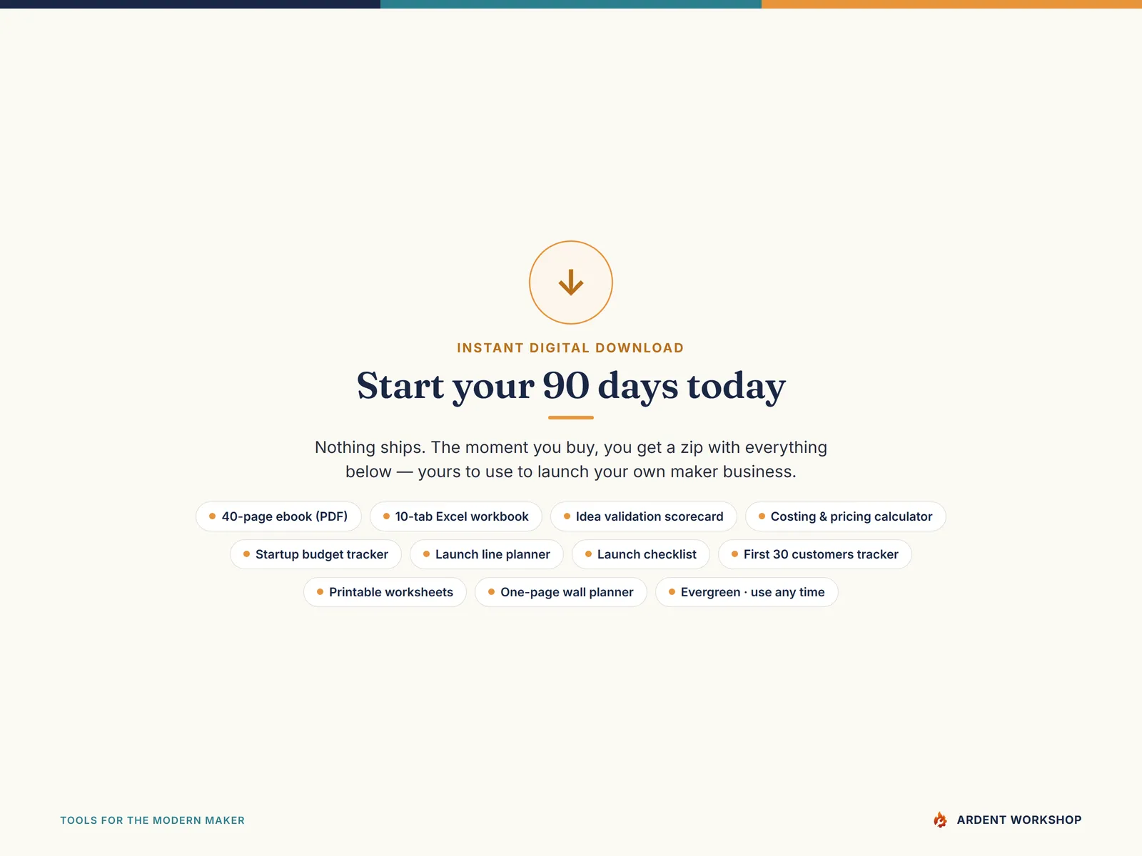 Instant-download contents: the 40-page ebook, the 10-tab Excel workbook, the printable worksheets, and the one-page wall planner