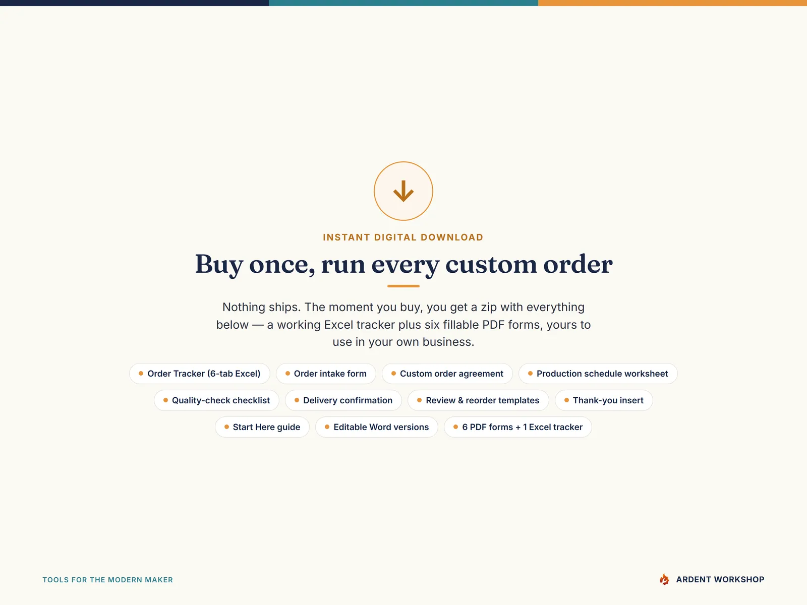 Instant-download contents: the Excel order tracker, six PDF forms, editable Word versions, and the Start Here guide included in the zip
