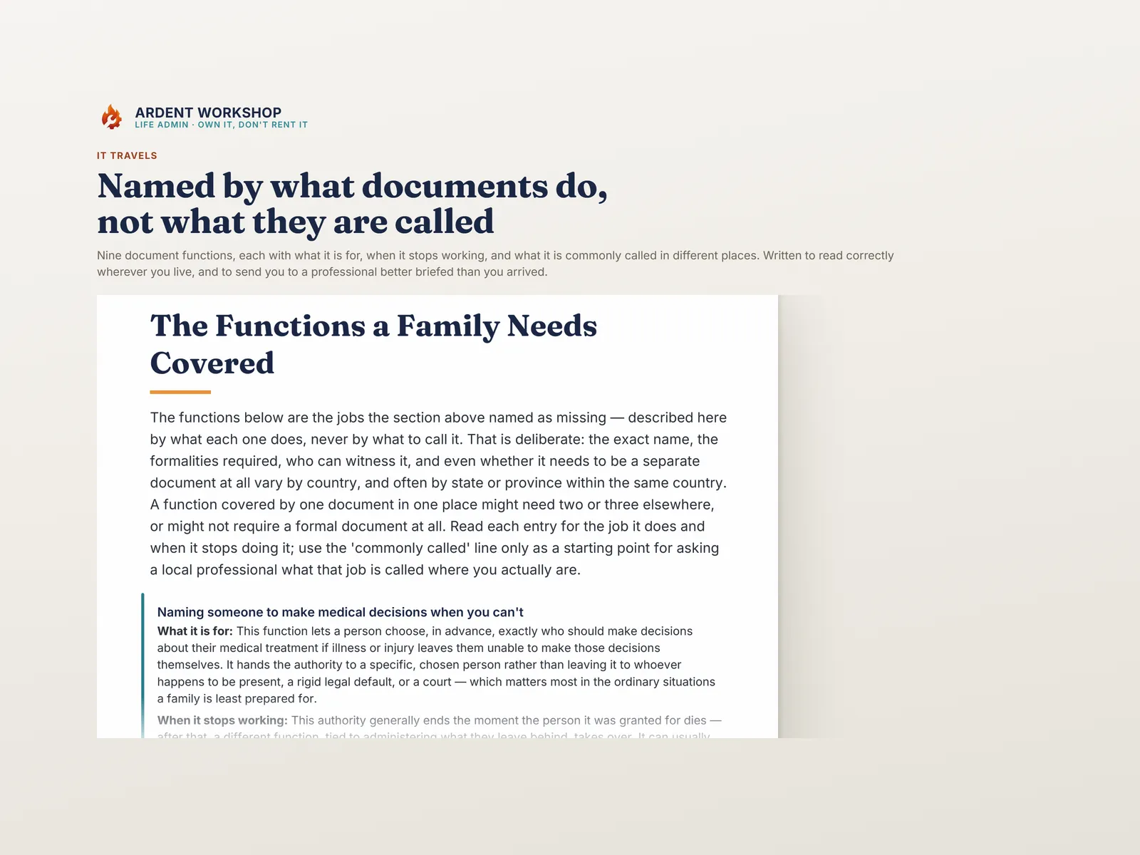 Nine document functions named by what they do rather than what they are called in any one country