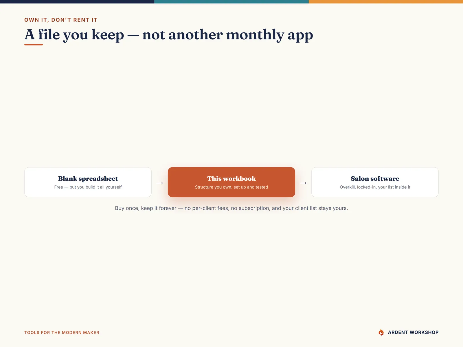 Own it, don't rent it — a workbook you keep between a blank spreadsheet and pricey salon software