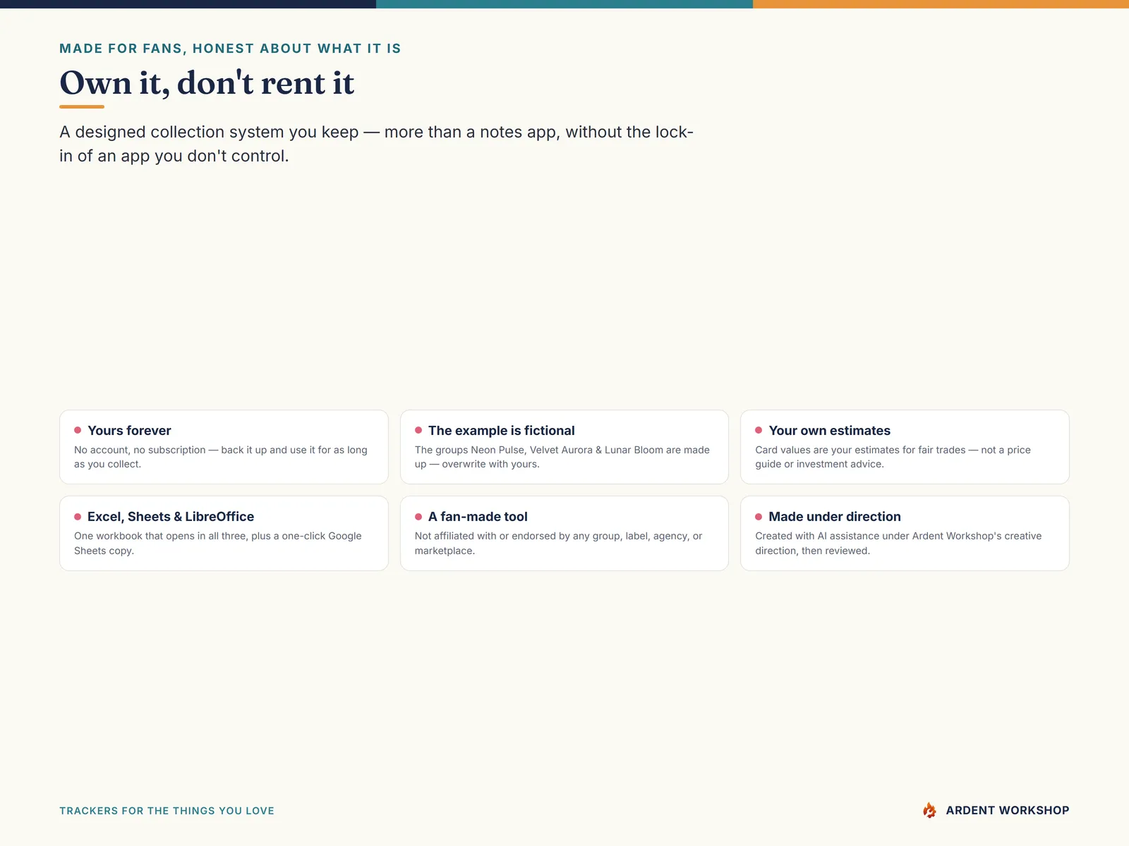 Own it, don't rent it — a file you keep, with fictional example data and your own value estimates