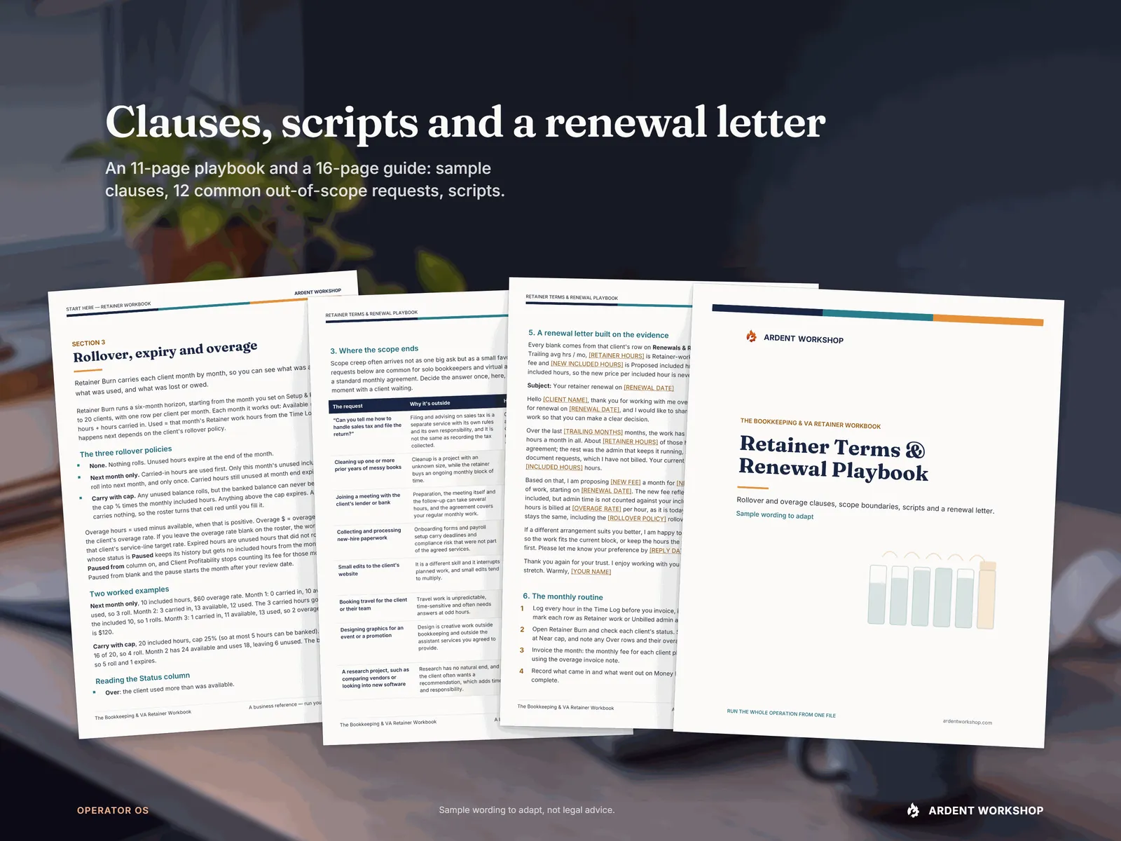 Pages of the Retainer Terms & Renewal Playbook and the Start Here guide laid out as printed sheets on the desk: the renewal letter, the out-of-scope requests and the rollover section