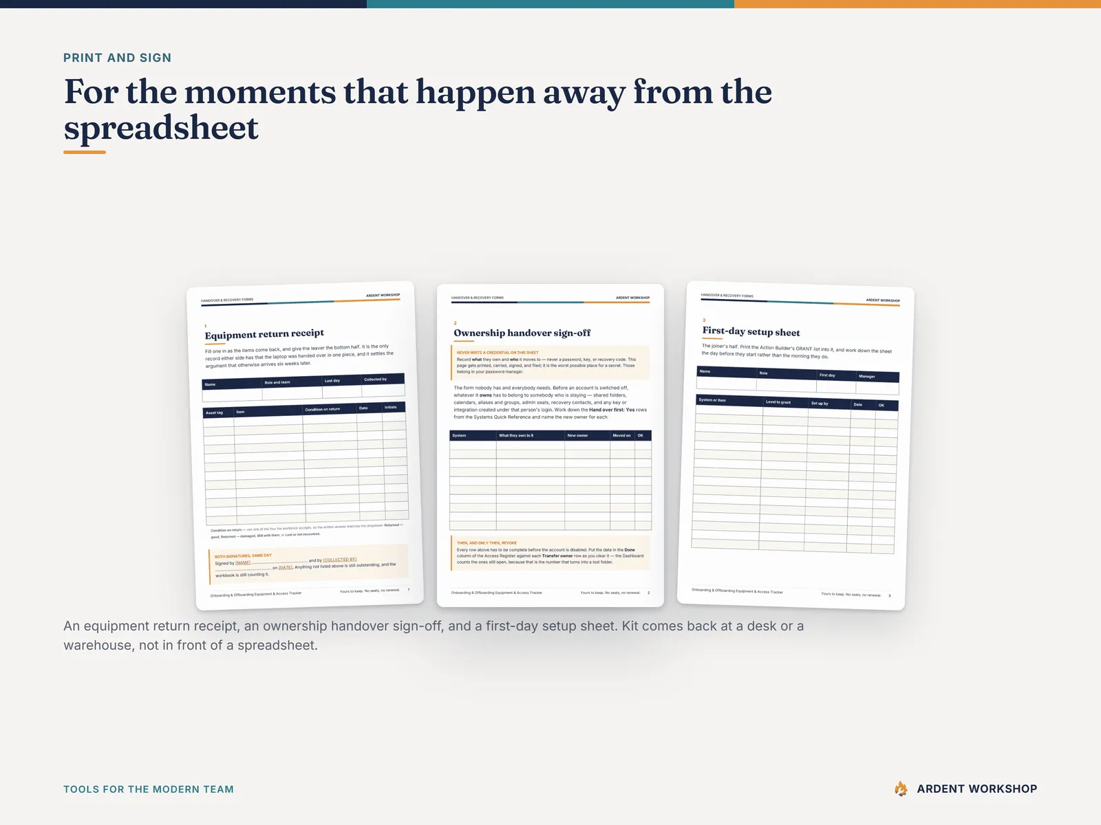 Three printable forms — equipment return receipt, ownership handover sign-off and first-day setup sheet