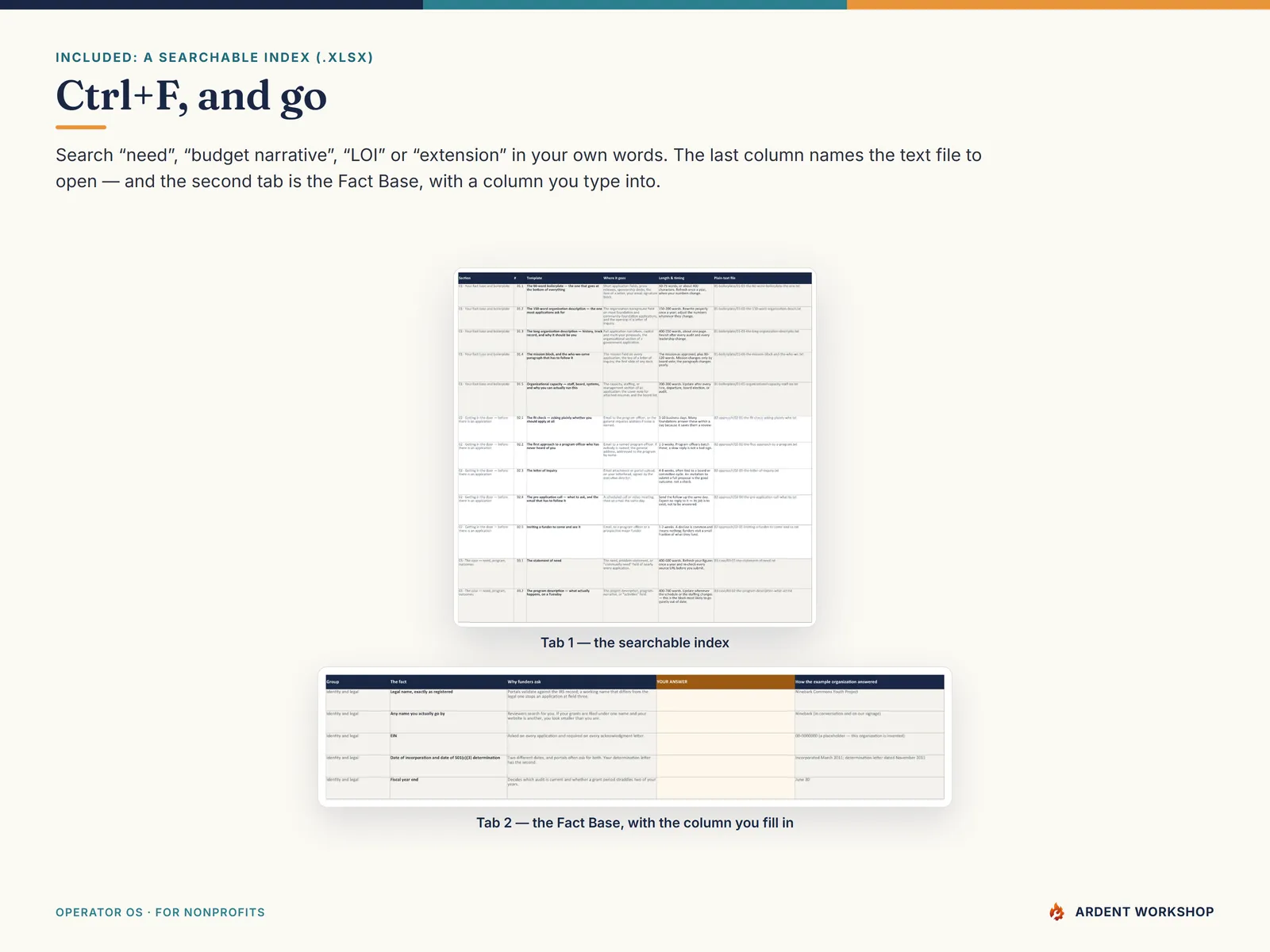 The searchable template index spreadsheet and its fillable Fact Base tab
