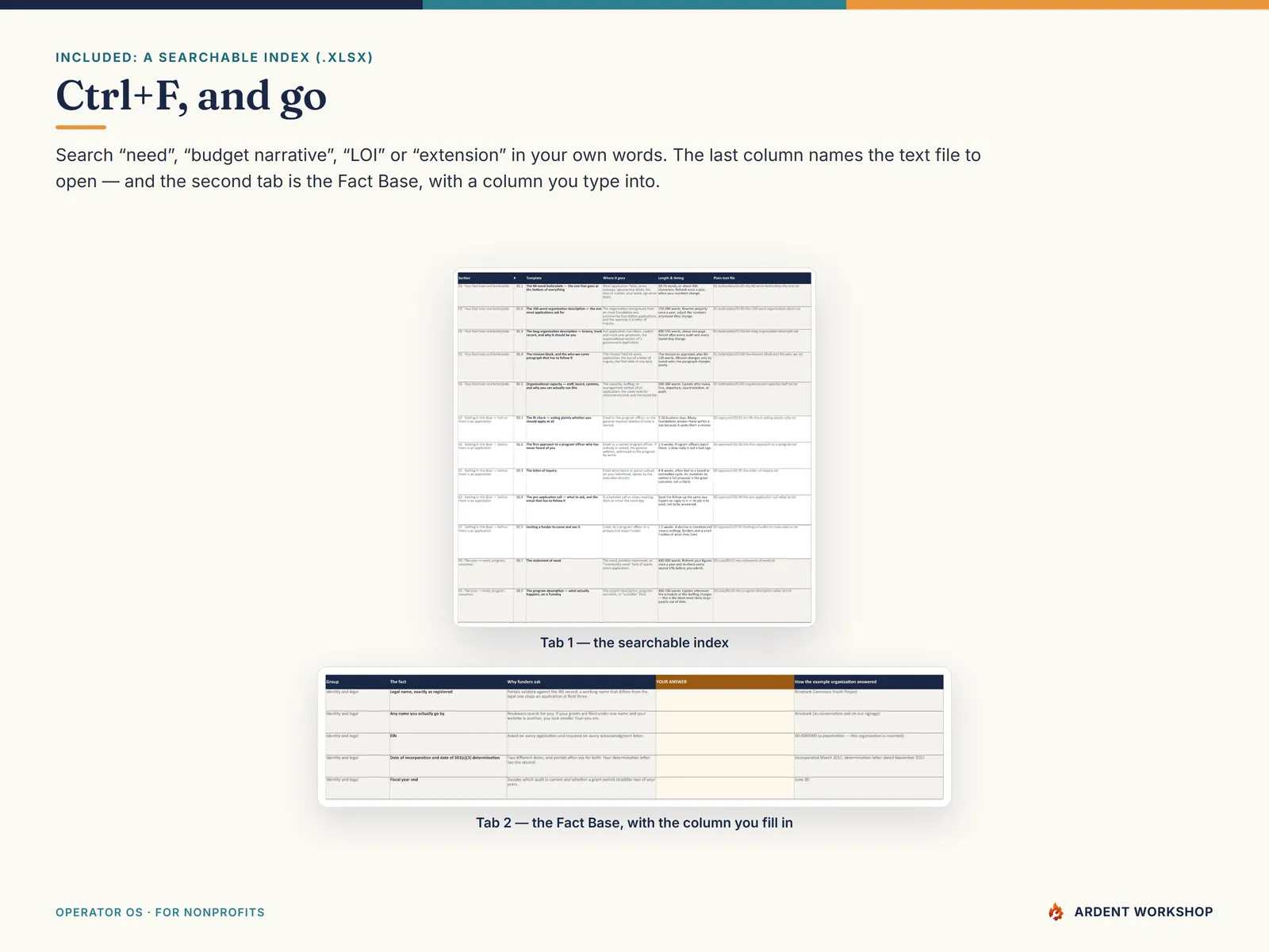 The searchable template index spreadsheet and its fillable Fact Base tab