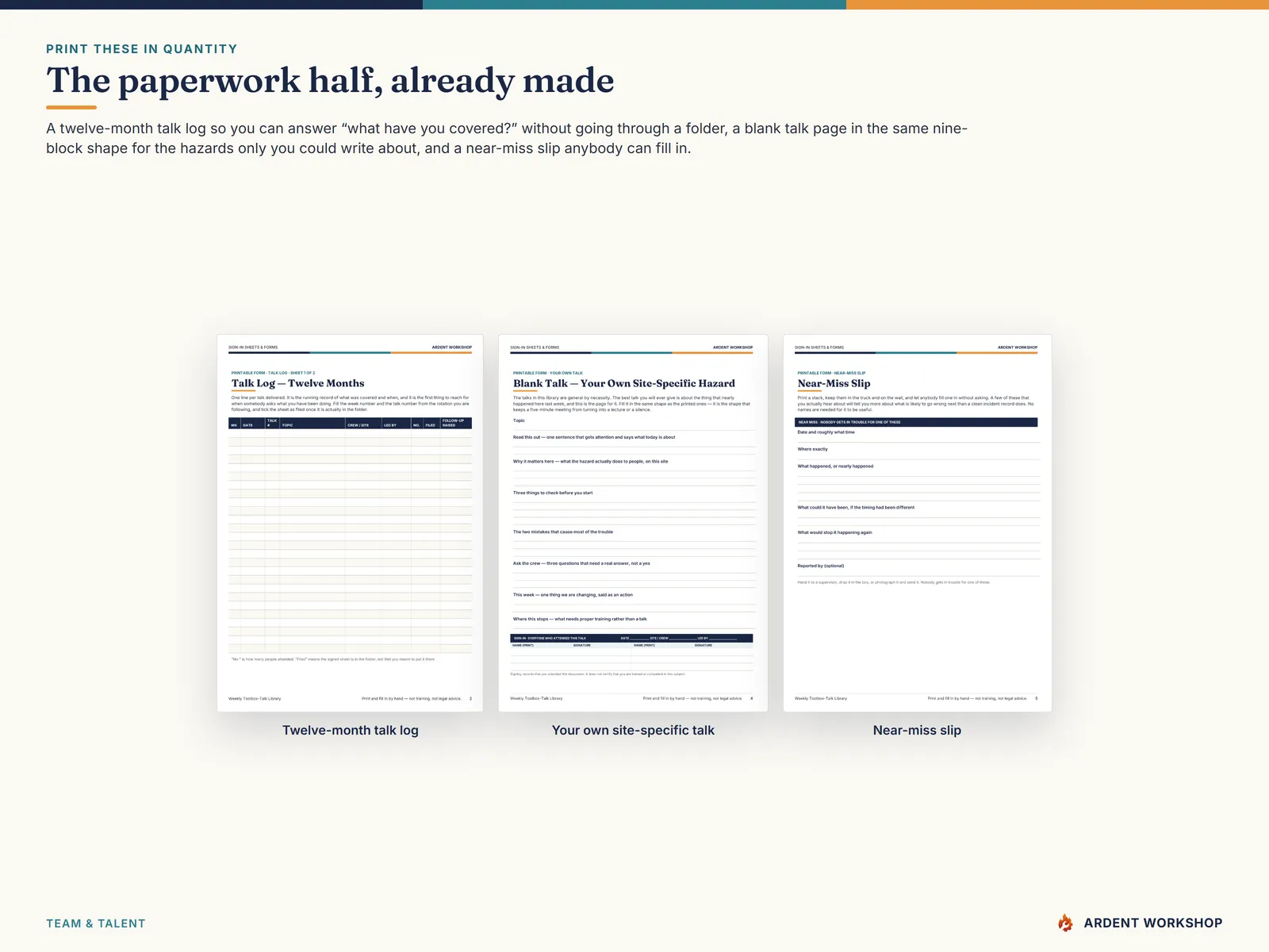 The printable forms — a twelve-month talk log, a blank site-specific talk page and a near-miss slip