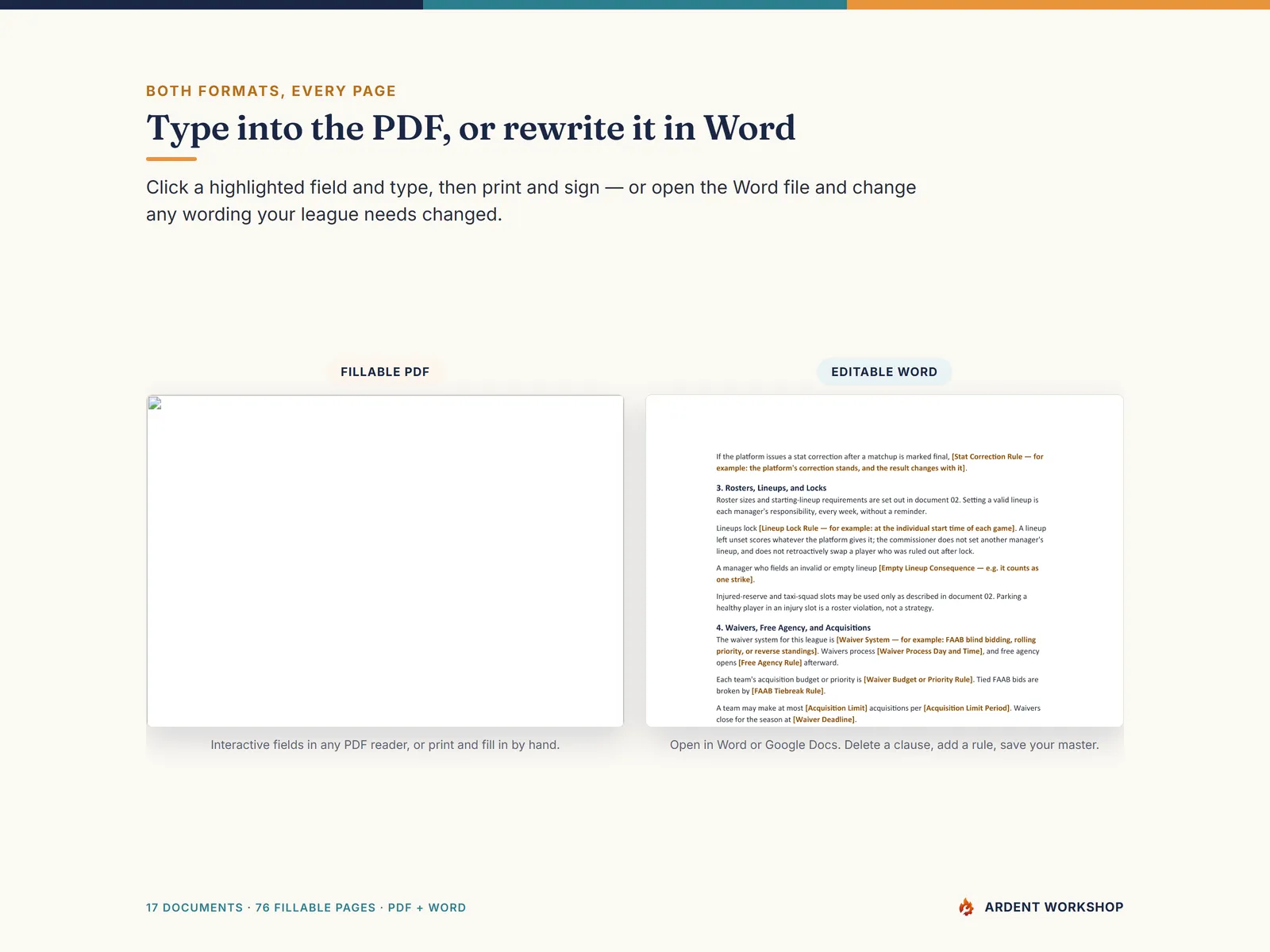 Every page ships as a fillable PDF and an editable Word document