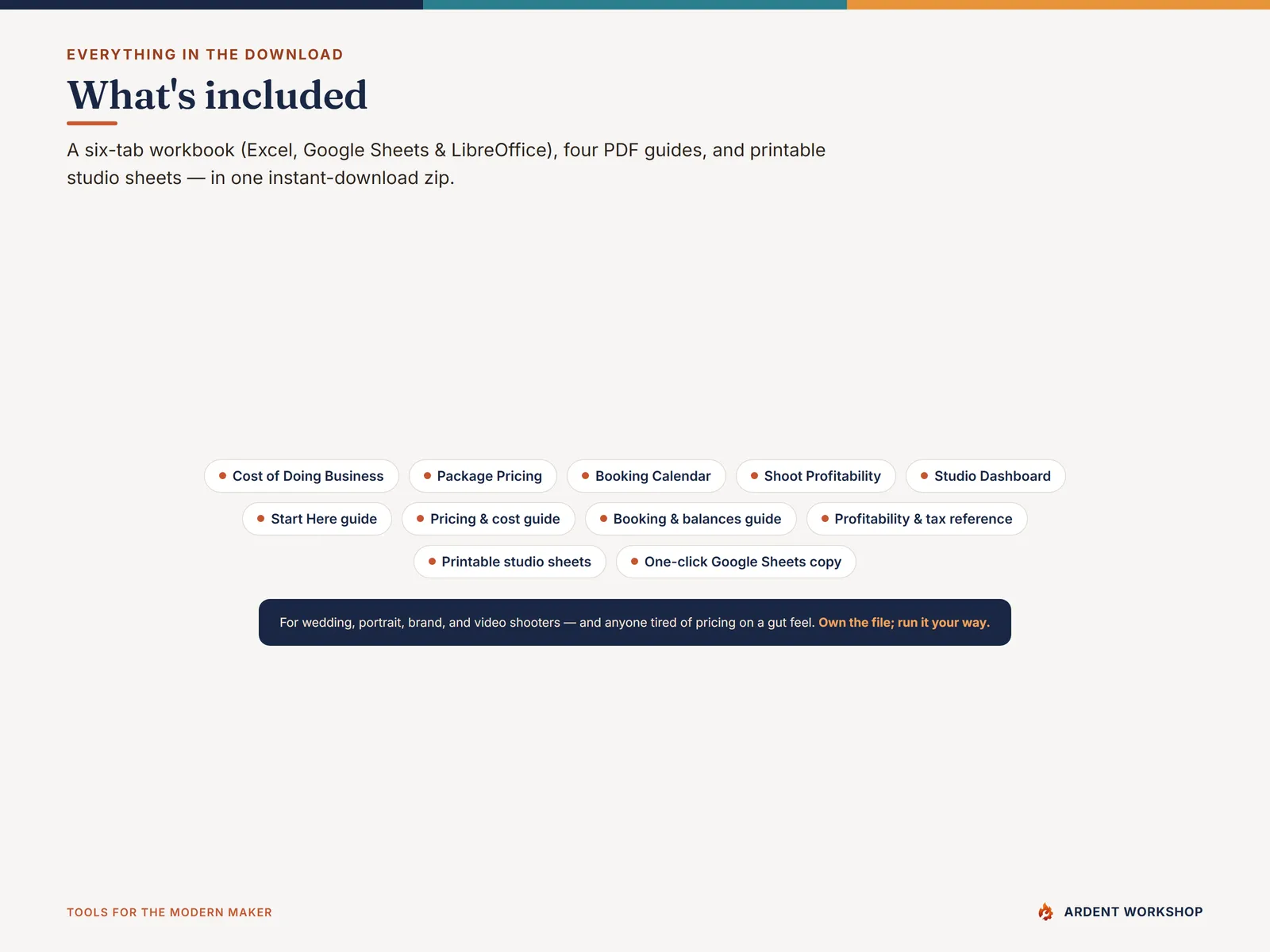 Everything you download — the workbook, the Google Sheets copy, four PDF guides, and printable studio sheets