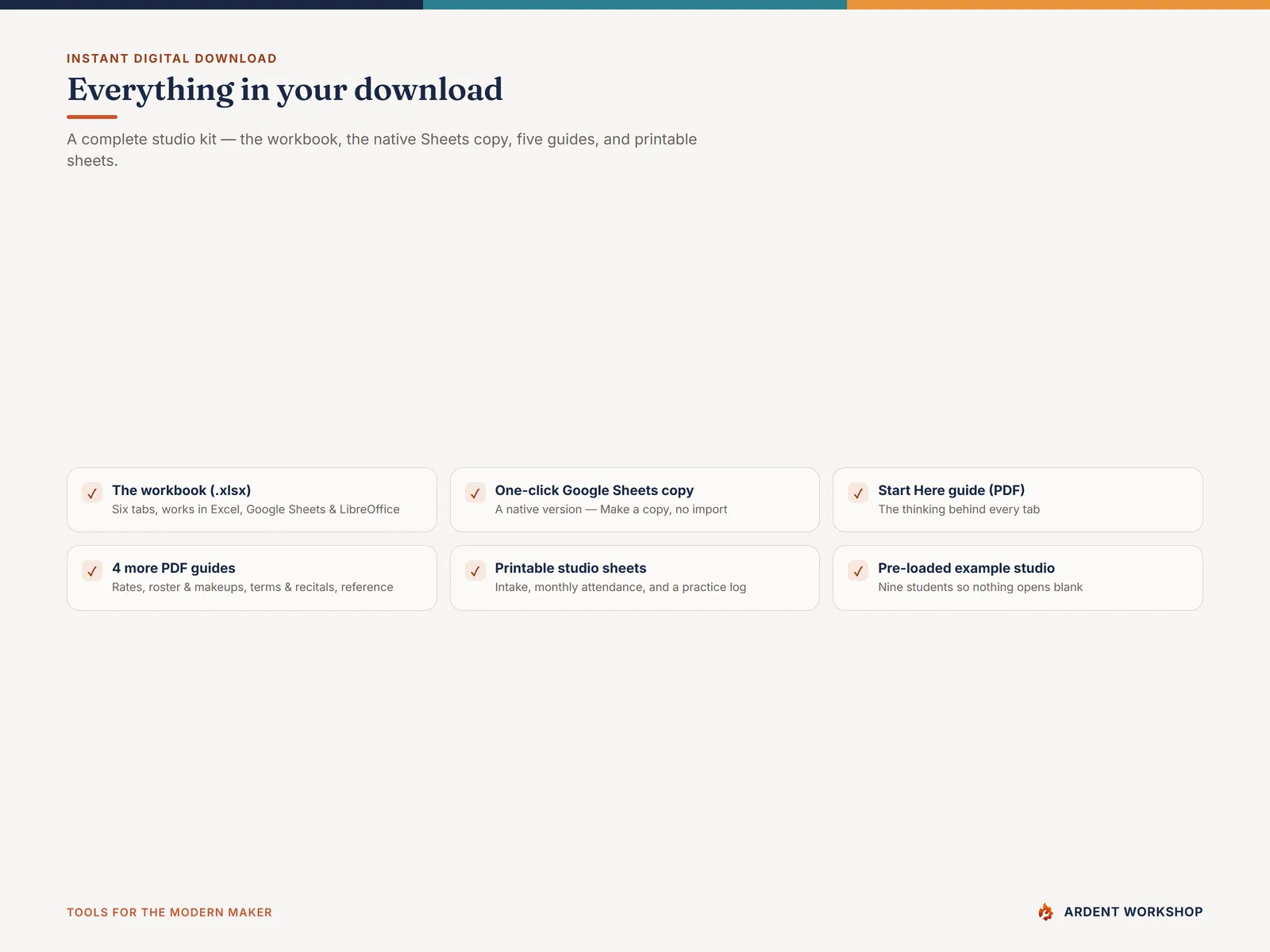 Everything you download — the workbook, the Google Sheets copy, five PDF guides, and printable studio sheets